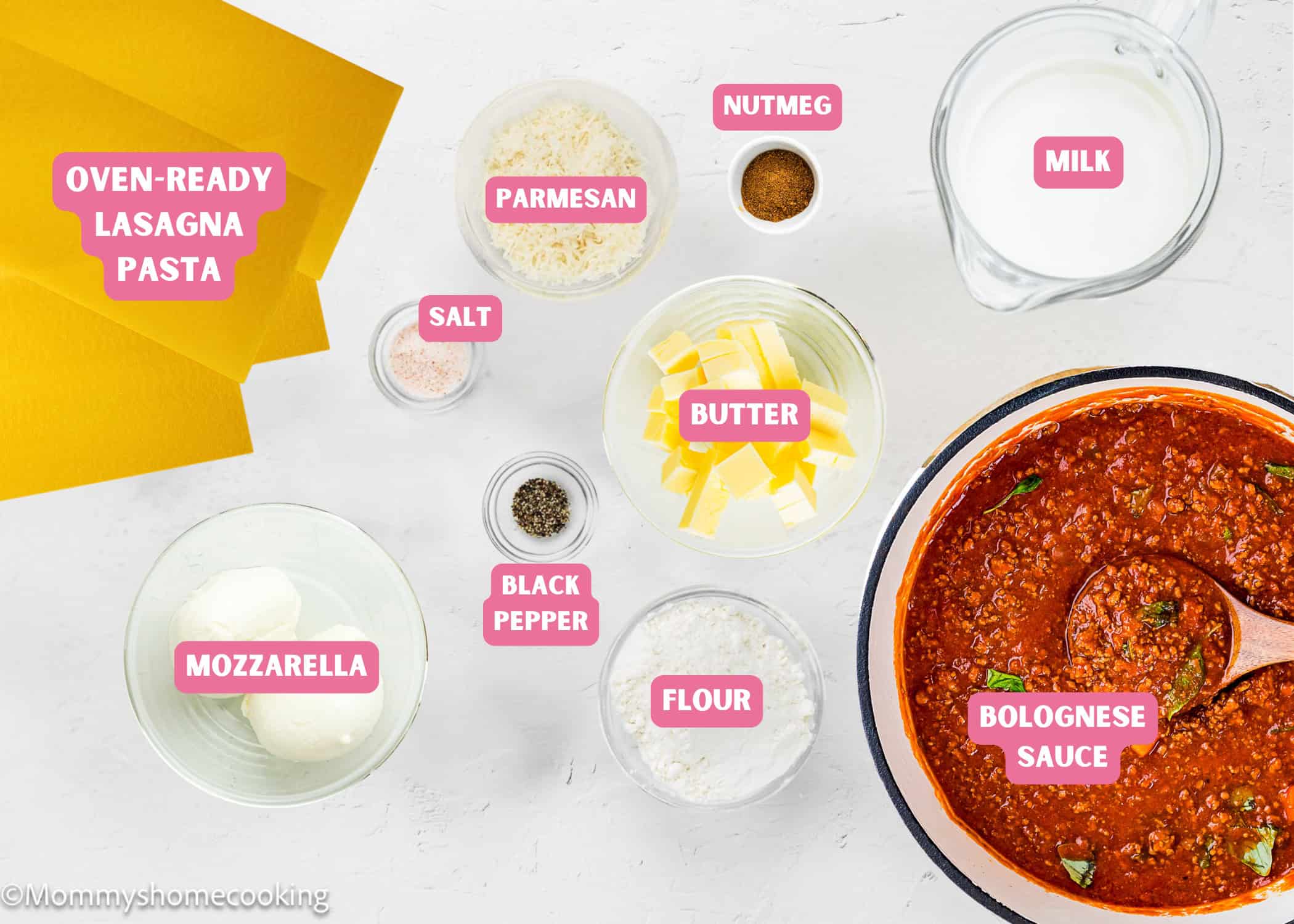 Ingredients for making easy Venezuelan pasticho are arranged on a white surface, each labeled: oven-ready pasta, mozzarella, parmesan, salt, black pepper, flour, butter, nutmeg, milk, and Bolognese sauce.