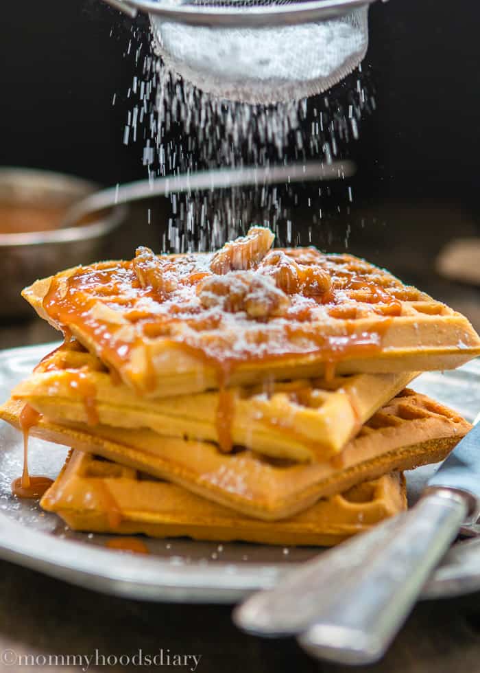 These Egg Free Pumpkin Waffles with Salted Caramel Sauce are going to be the perfect addition to your fall breakfast (or brunch) table… easy to make and ridiculously delicious! https://mommyshomecooking.com