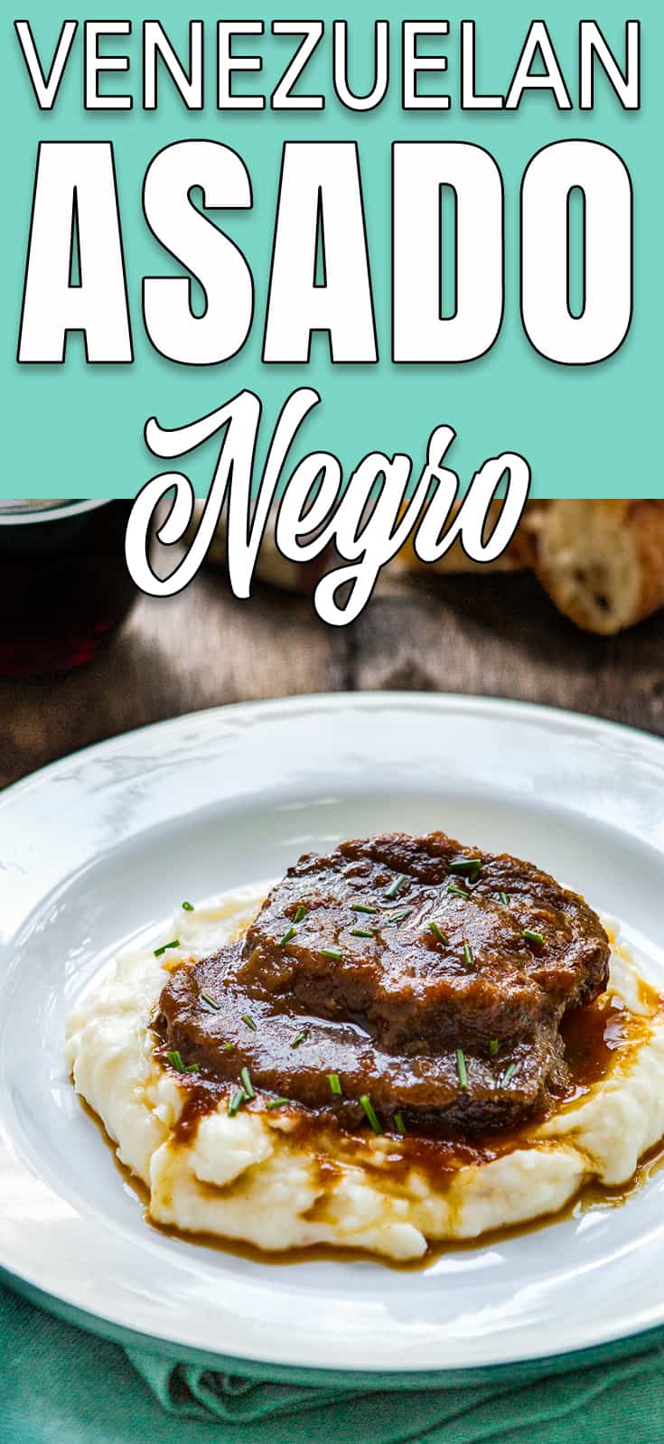 Venezuelan Asado Negro in a white plate with mashed potatoes with descriptive text