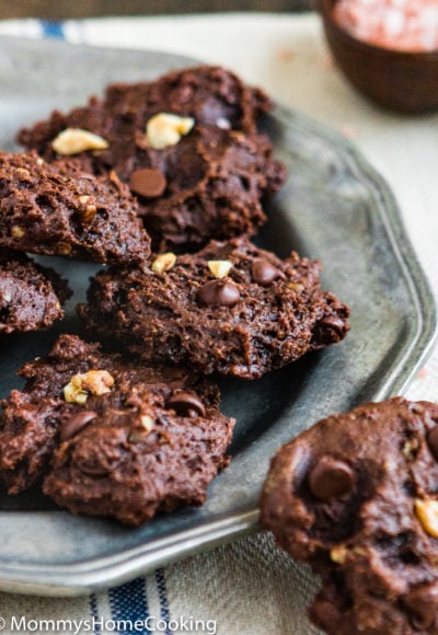 healthy double chocolate cookies over a metal plate