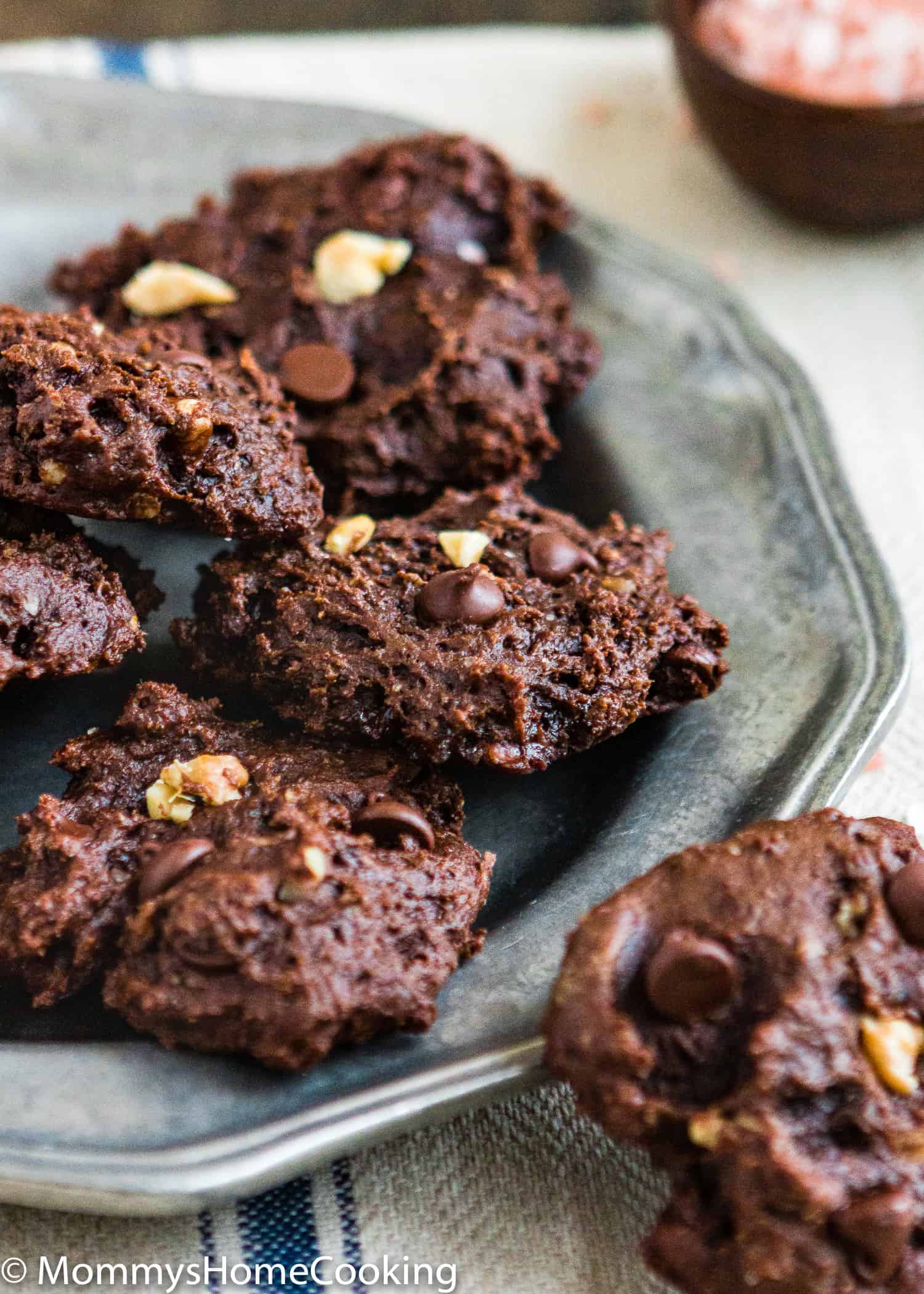 healthy double chocolate cookies over a metal plate