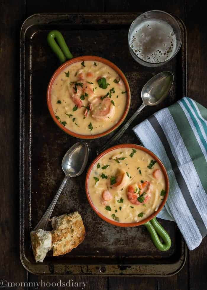 This Three Cheese Shrimp Beer Soup is a delicious and warming way to keep you cozy on chilly days. It’s warm, rich and hearty. Ready in less than 30 minutes! https://mommyshomecooking.com
