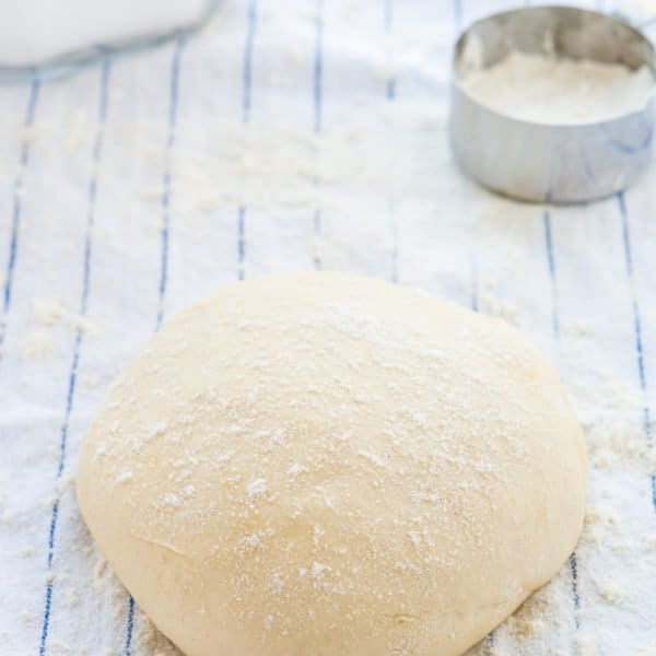 homemade pizza dough over a blue KITCHEN towel sprinkled with flour.