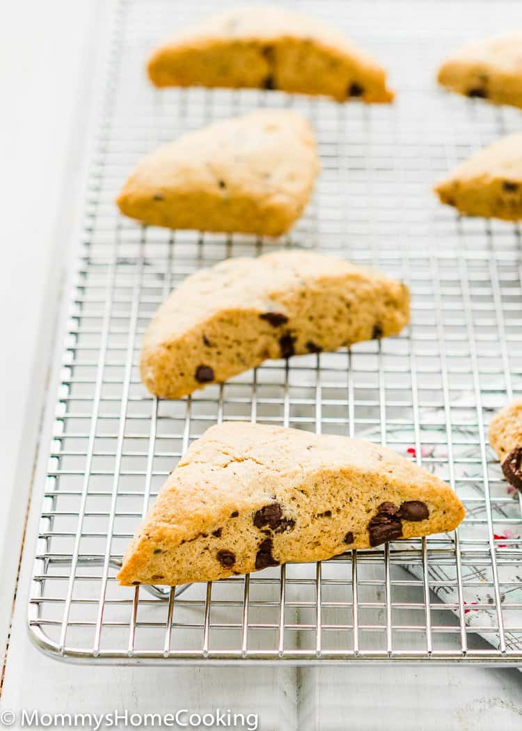 Eggless Chocolate Chip Scones over a cooling rack.