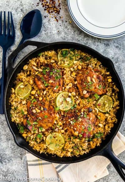 skillet with thai rice and chicken