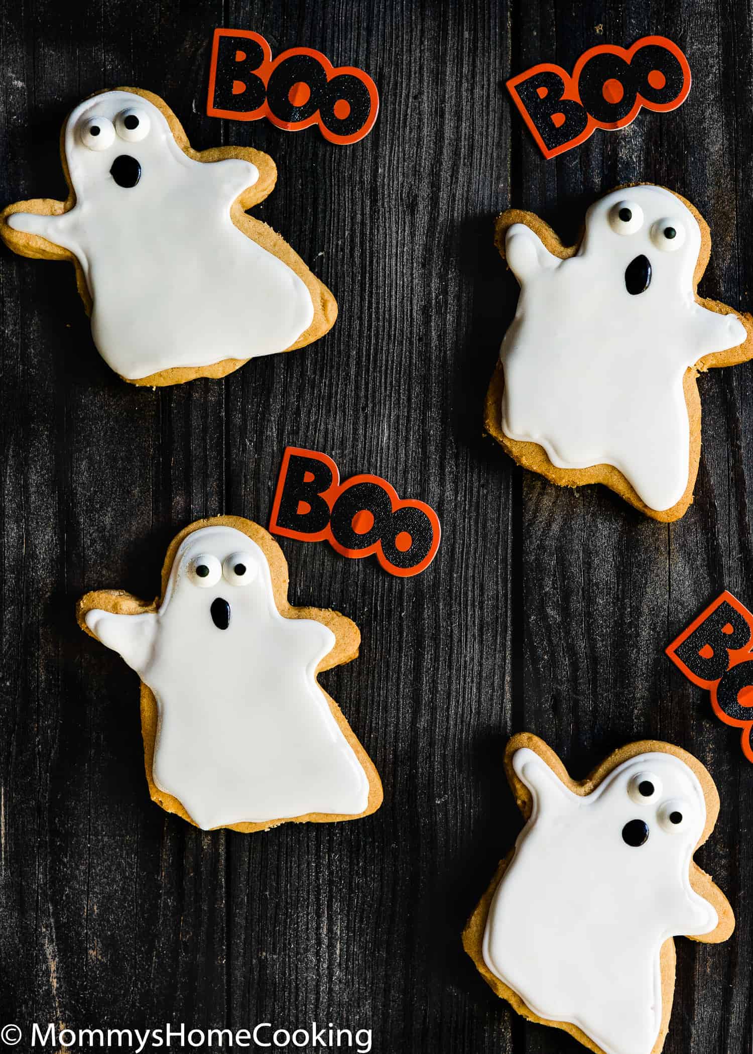 overhead view of halloween ghosts peanut butter cookies