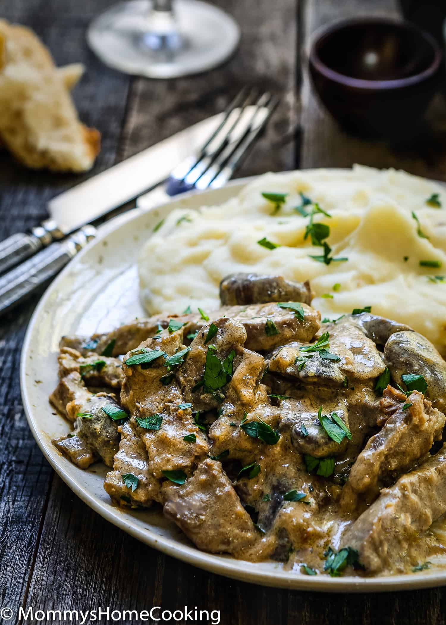 A plate with Beef Stroganoff and mashed potatoes. 
