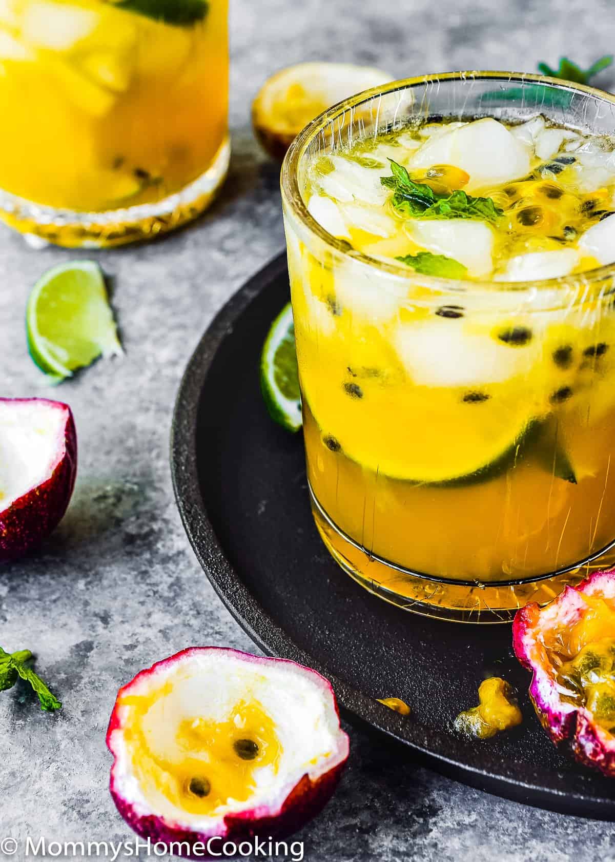 a glass with a passion fruit cocktail.