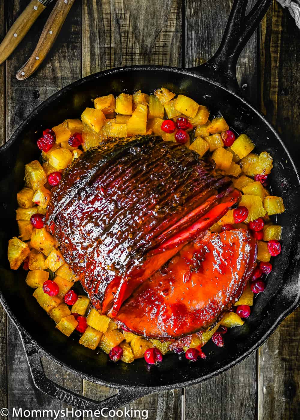 Chipotle Glazed Ham in a cast iron skillet