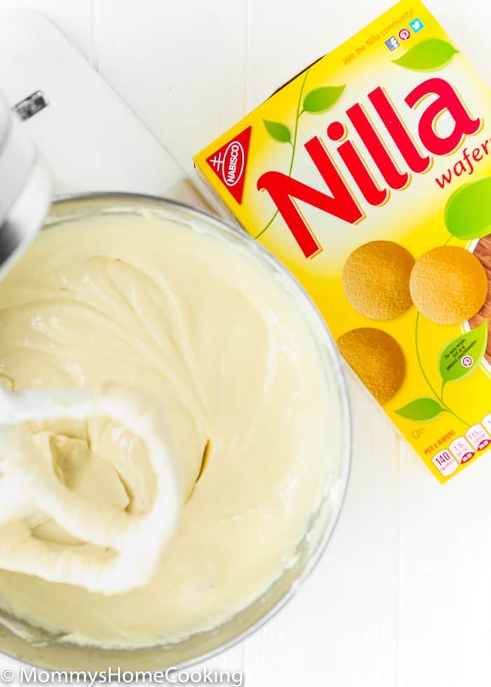 Batter in a mixing bowl beside a box of Nilla wafers.