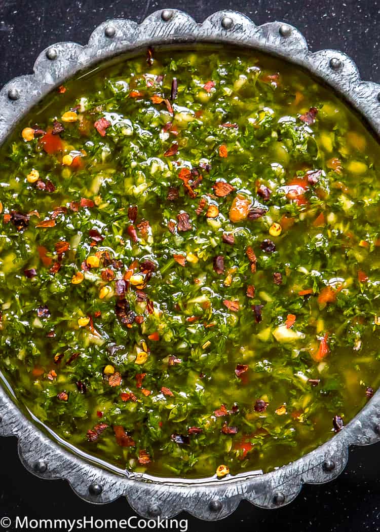 Easy Chimichurri Sauce in a round metal plate