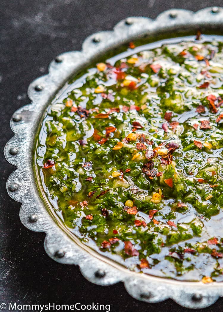Easy Chimichurri sauce in a metal plate