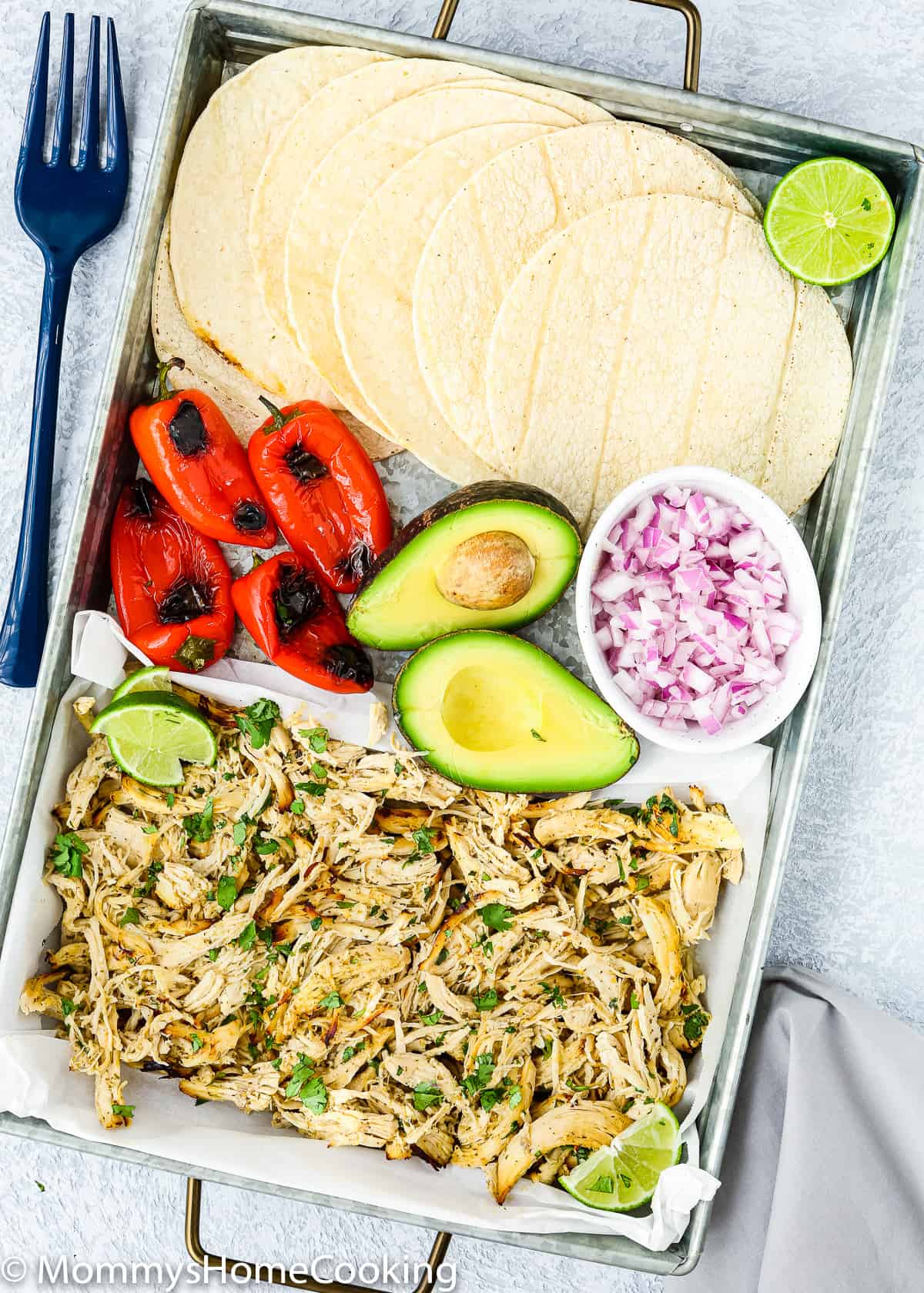 overhead view of a tray with Mojo Chicken, avocado, red onions roasted peppers and corn tortillas