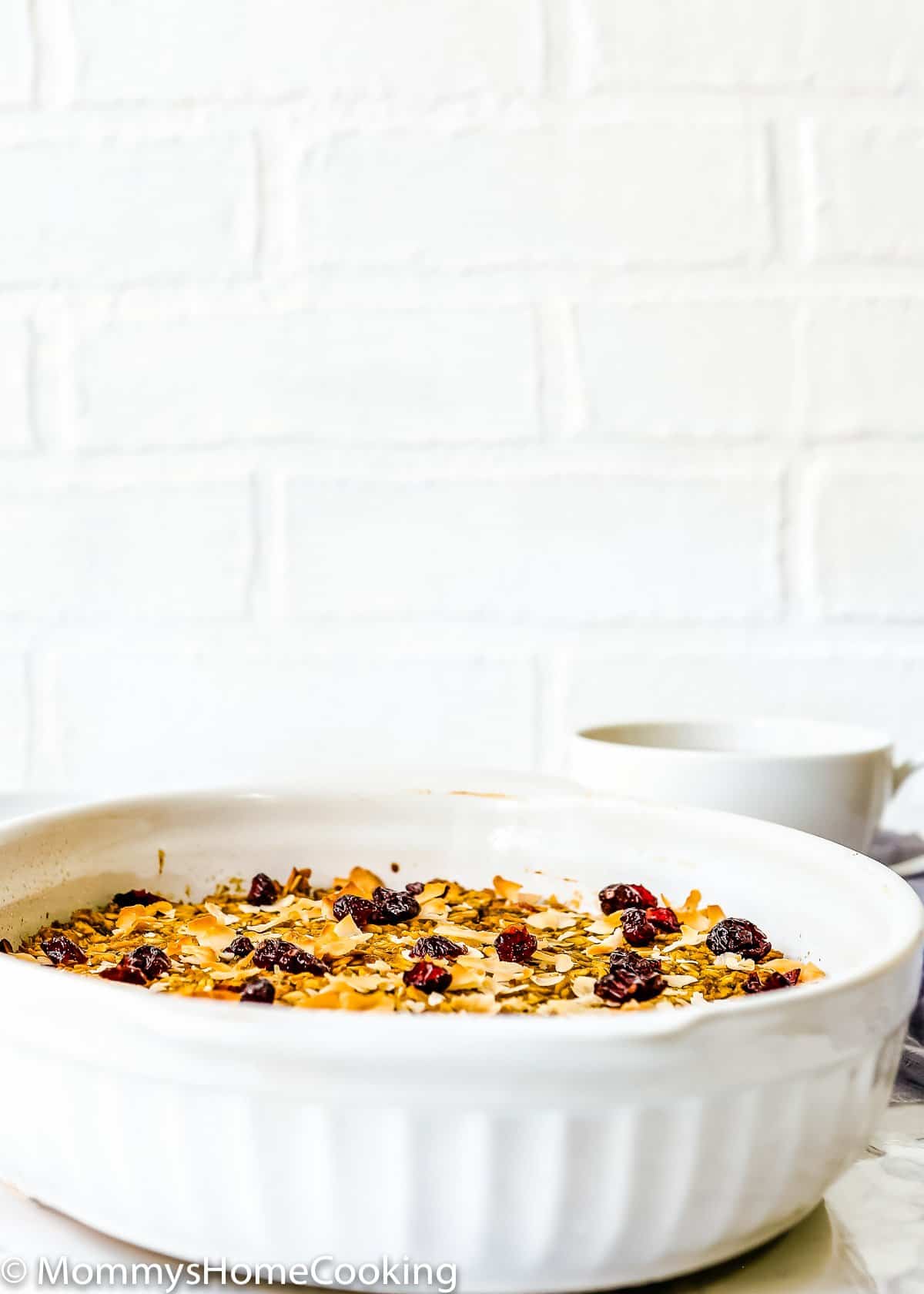 Eggless  Baked Oatmeal in a baking dish.