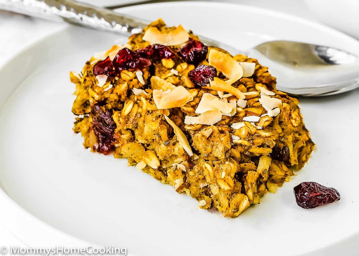 closeup view of a portion of Eggless Pumpkin Baked Oatmeal on a plate.