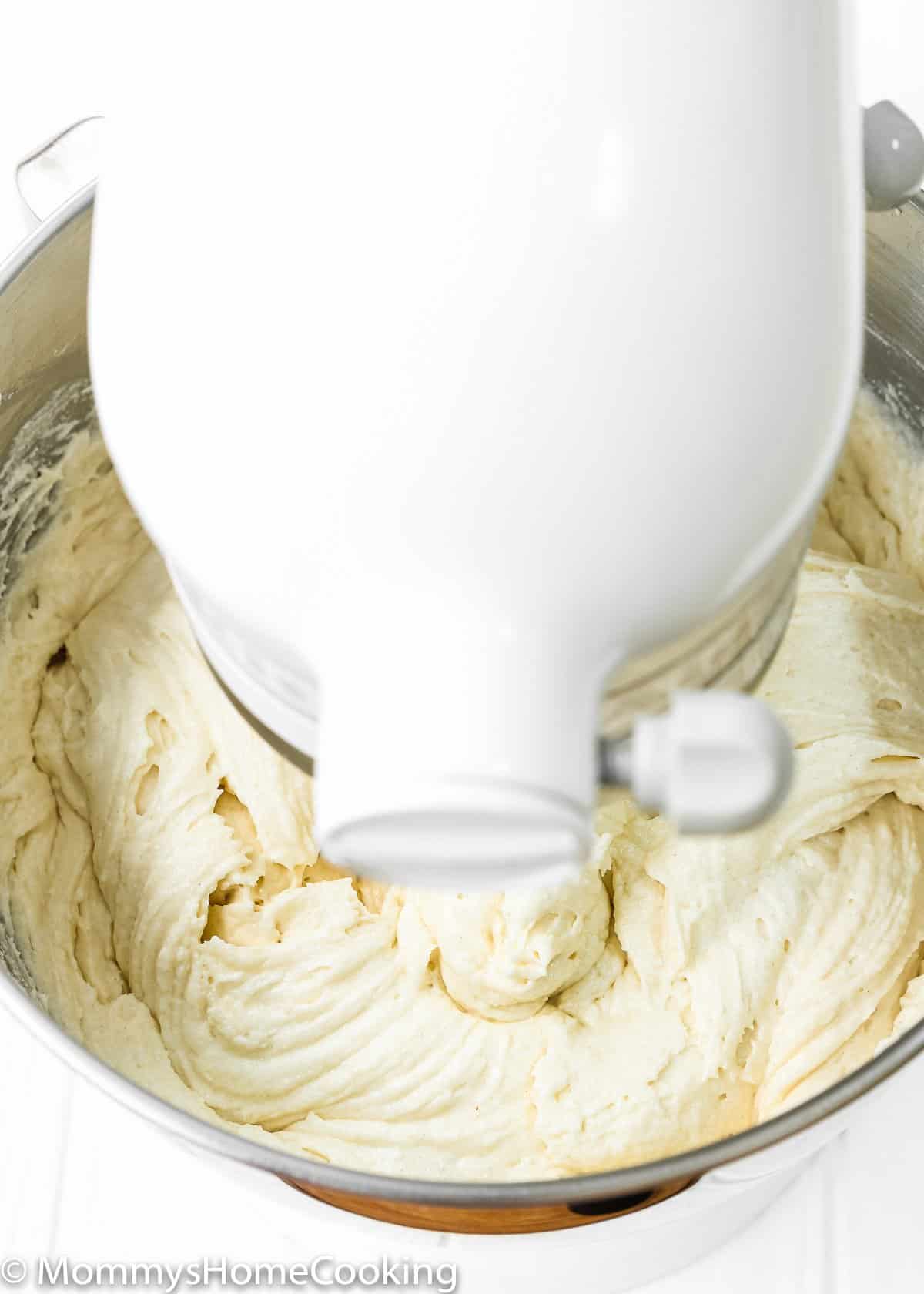 eggless vanilla cake batter in a stand mixer