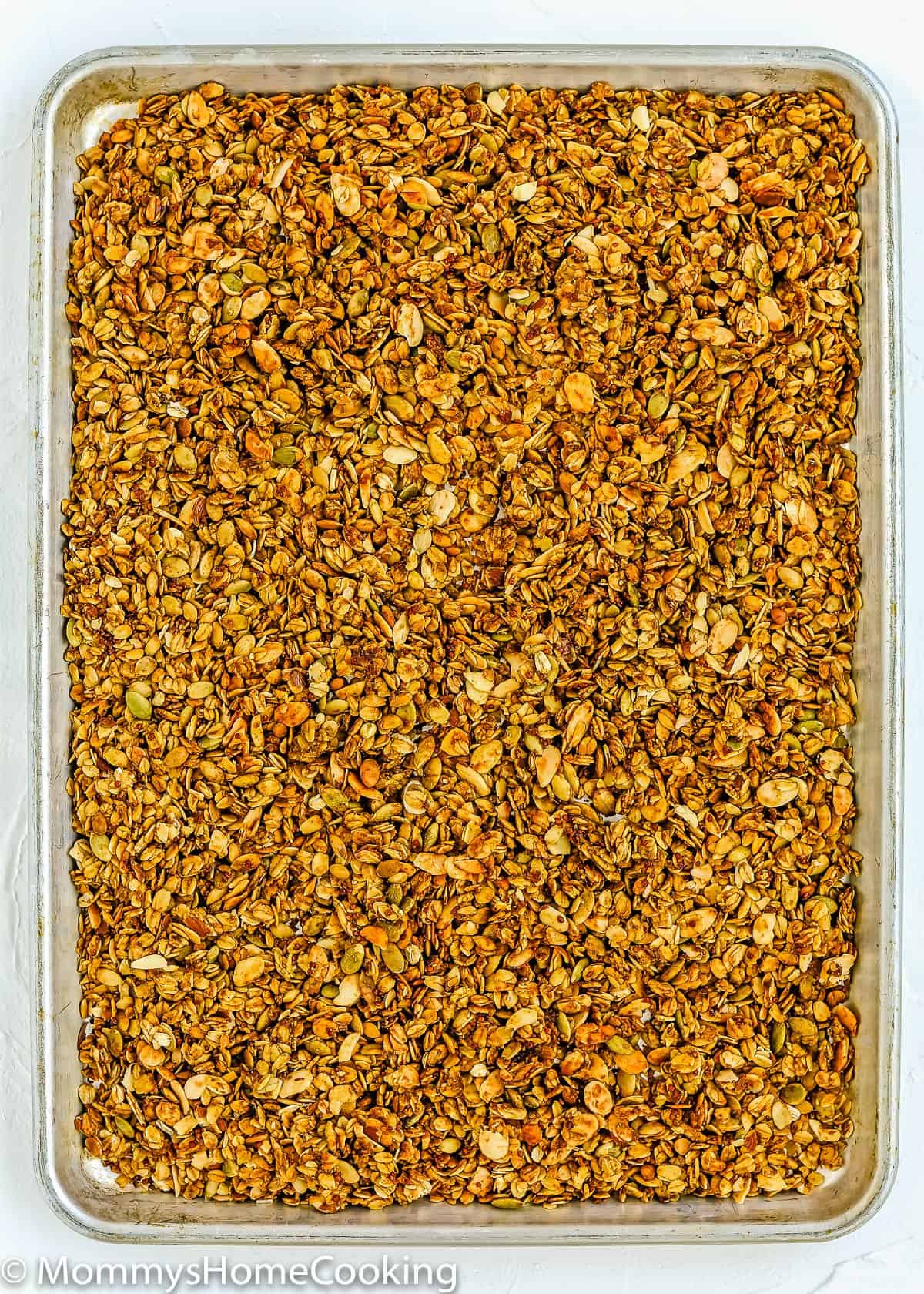 overhead view of Pumpkin Pie Granola in a tray.