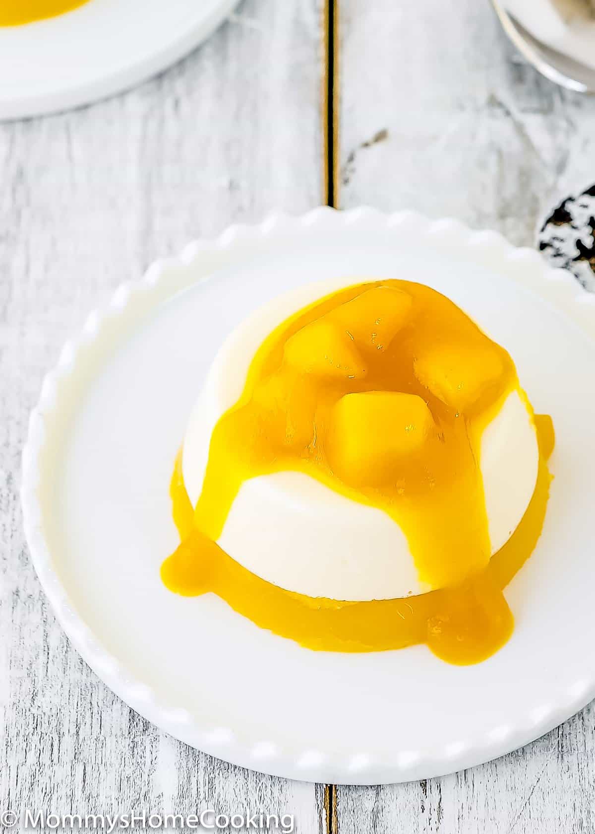 Mango Panna Cotta with mango sauce on a plate