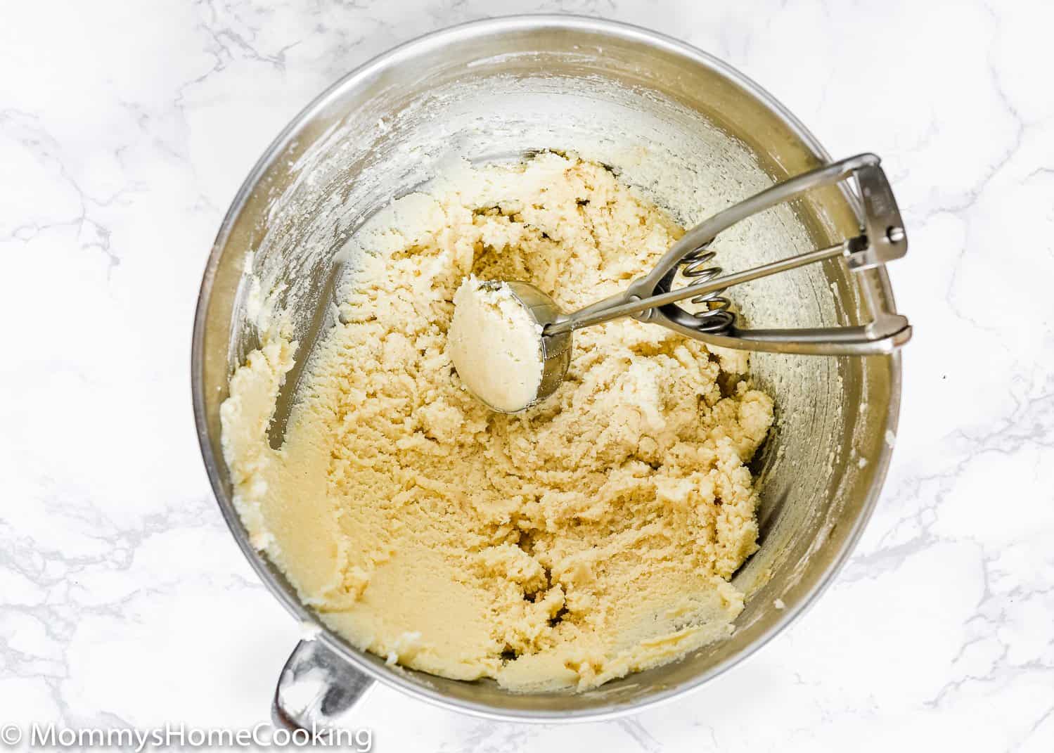 Eggless Snickerdoodle Cookie dough in a mixing bowl
