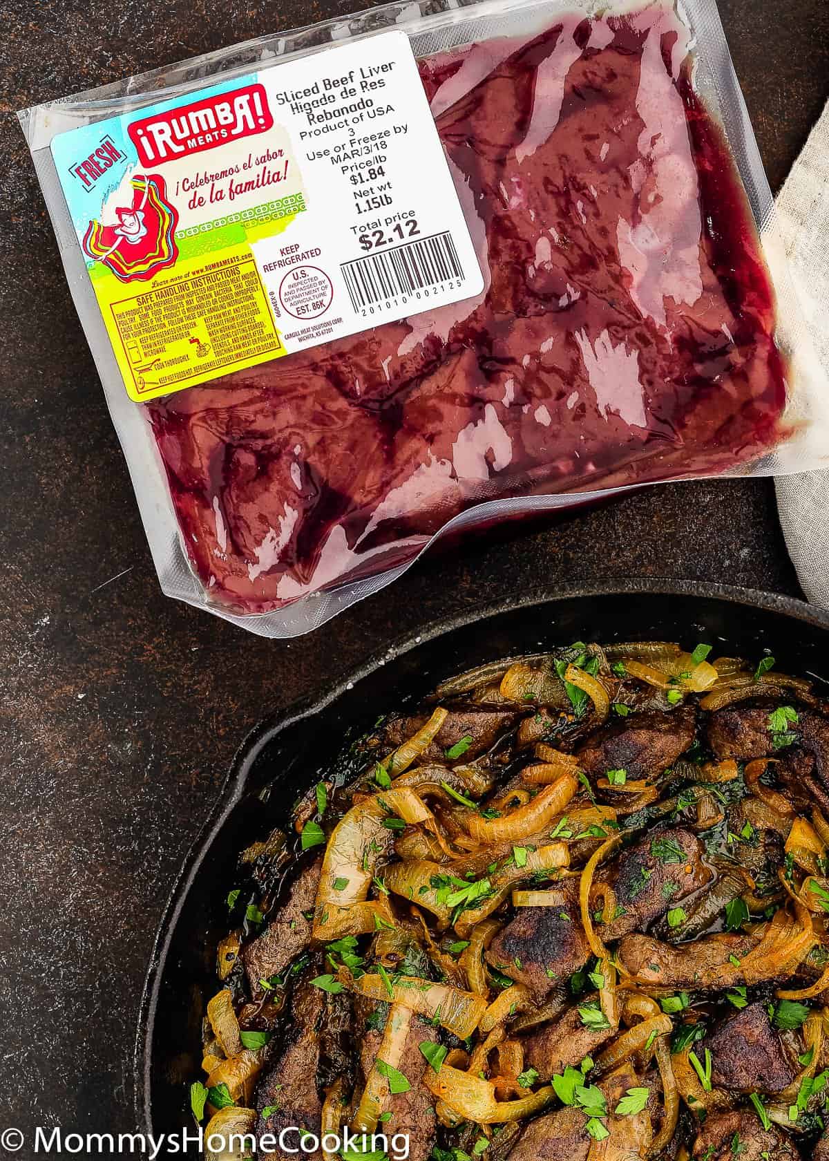  Beef Liver and Onions in a skillet with a packet of Rumba Meats liver