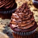 egg-free cupcake with chocolate frosting and chocolate jimmies.