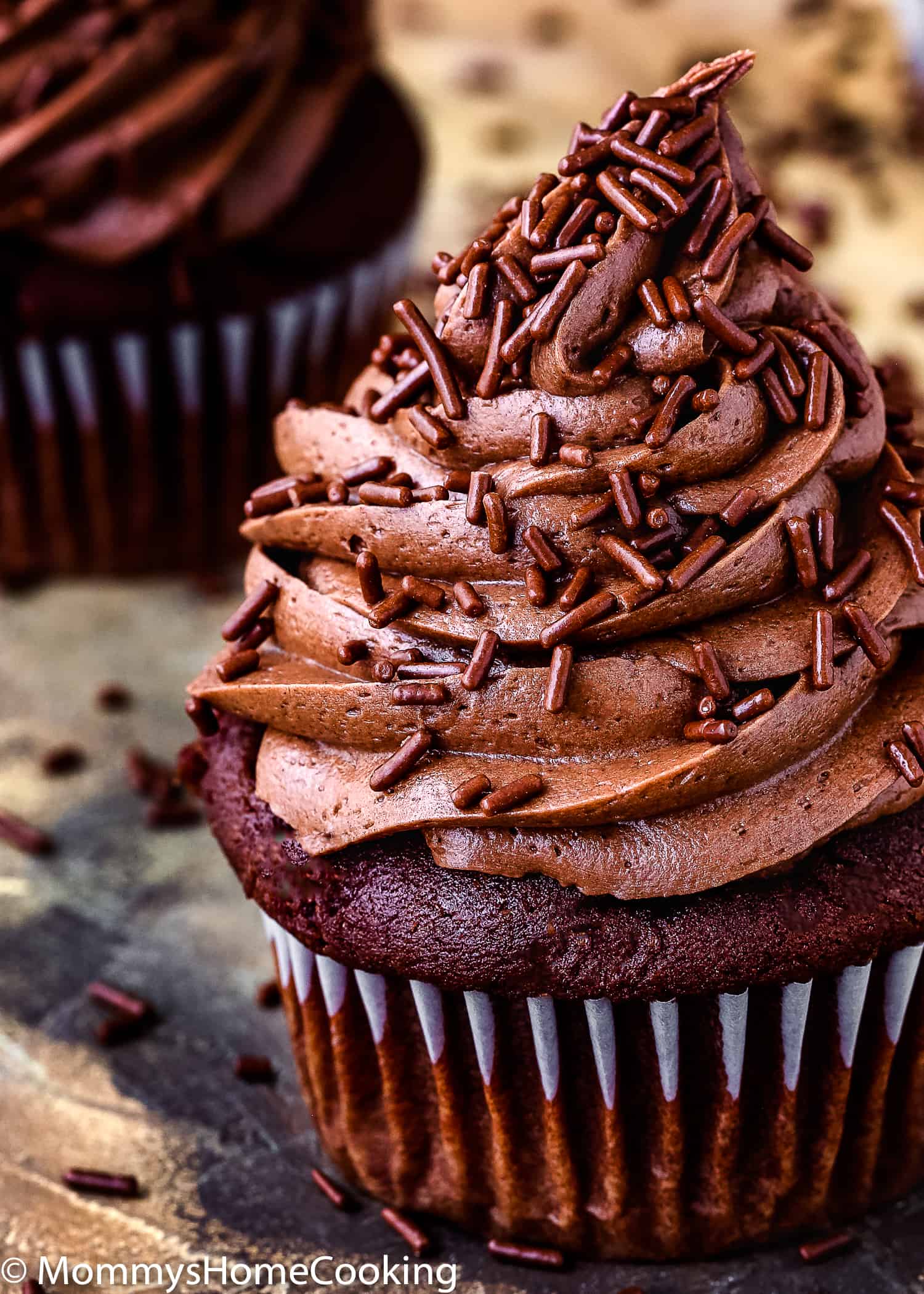 close-up of an egg-free cupcake with chocolate frosting and chocolate jimmies.