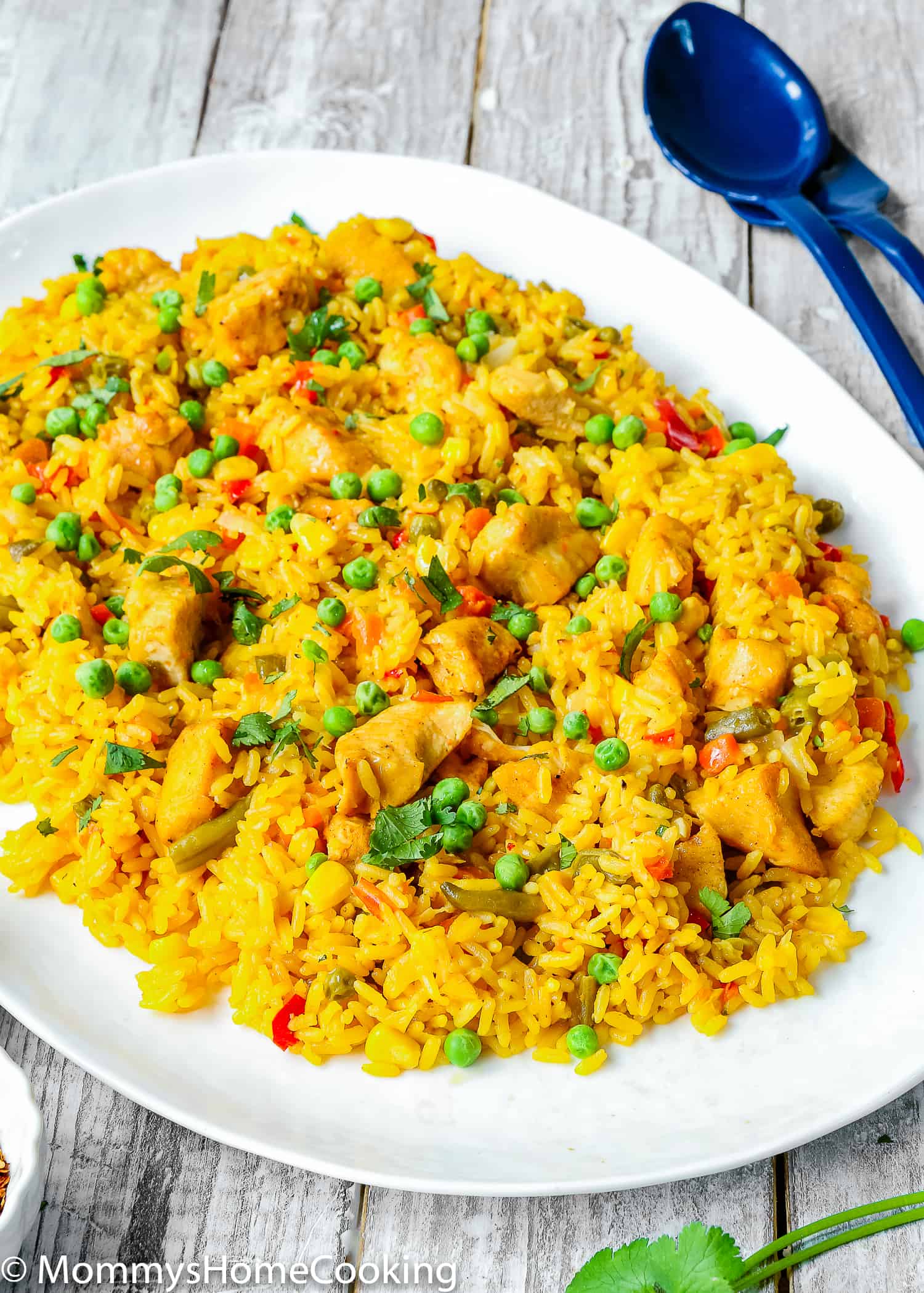 Arroz con pollo on a white serving plate.