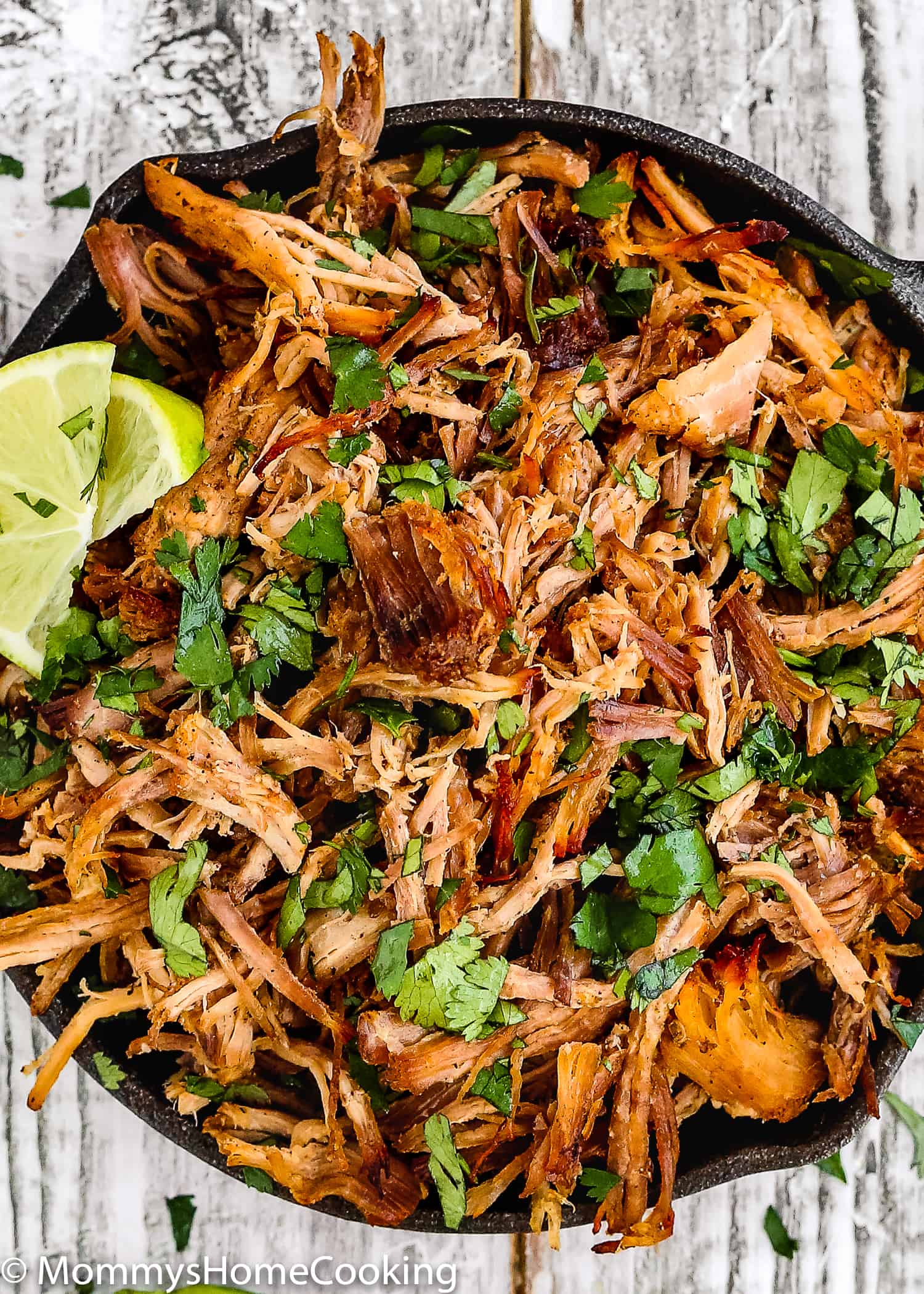 crispy carnitas garnished with chopped cilantro.