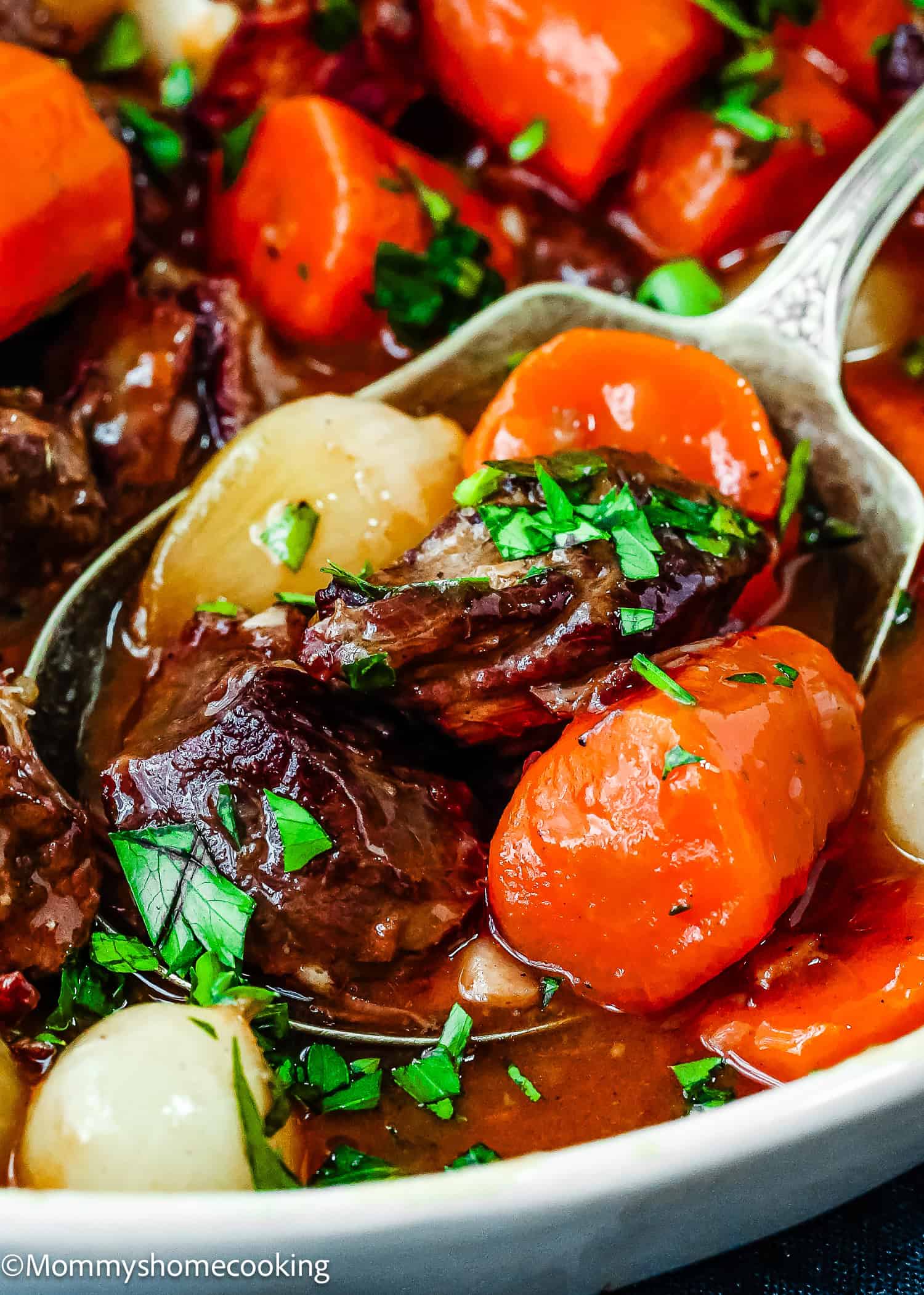 A close-up of an Easy Instant Pot Beef Bourguignon featuring tender chunks of beef, carrots, and pearl onions, all garnished with chopped parsley.