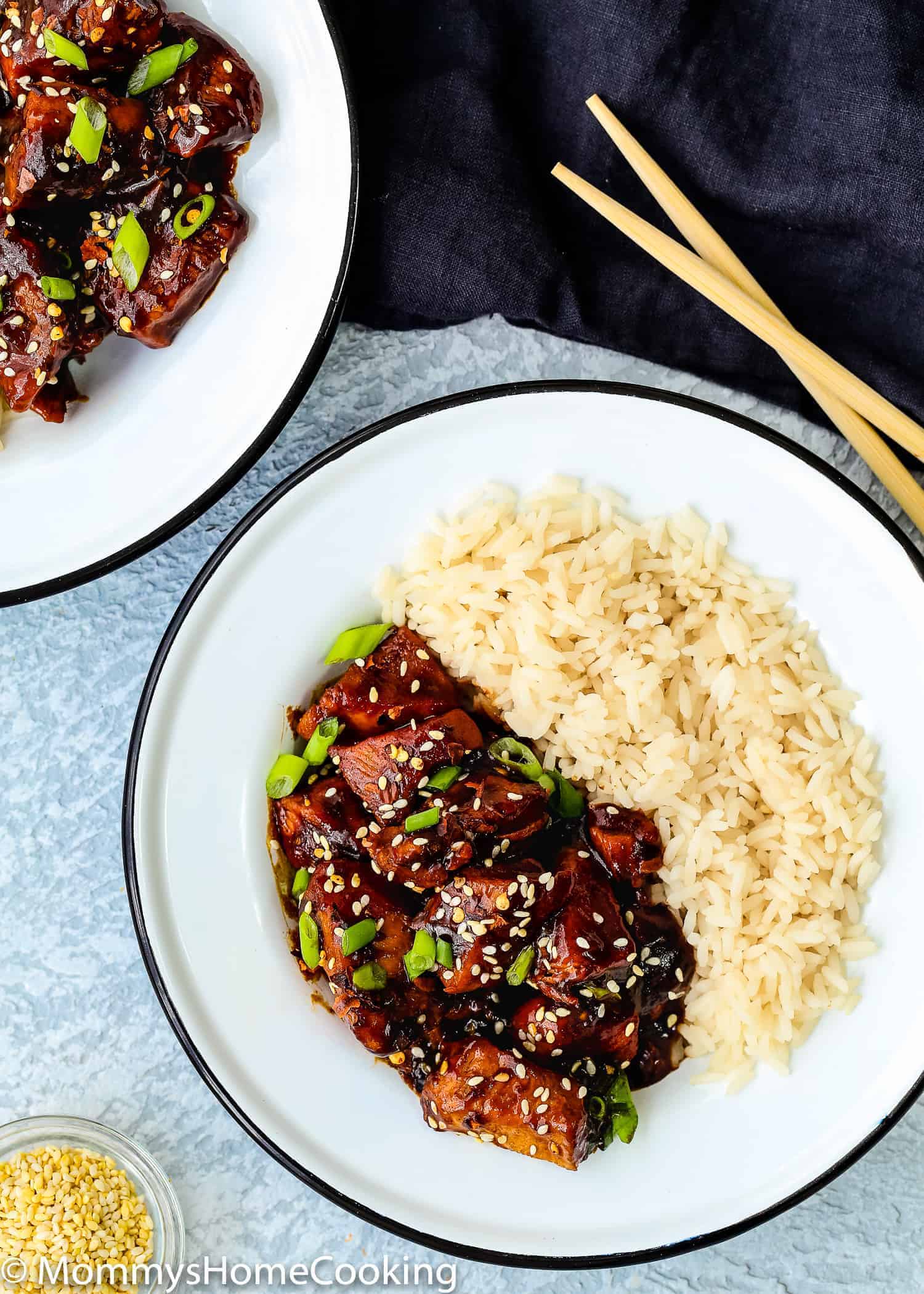 Overhead view of a plate with Instant Pot general tso's chicken with a side of rice.