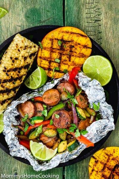 Easy Sausage and Veggies Foil Packets with Grilled Chipotle Mangoes