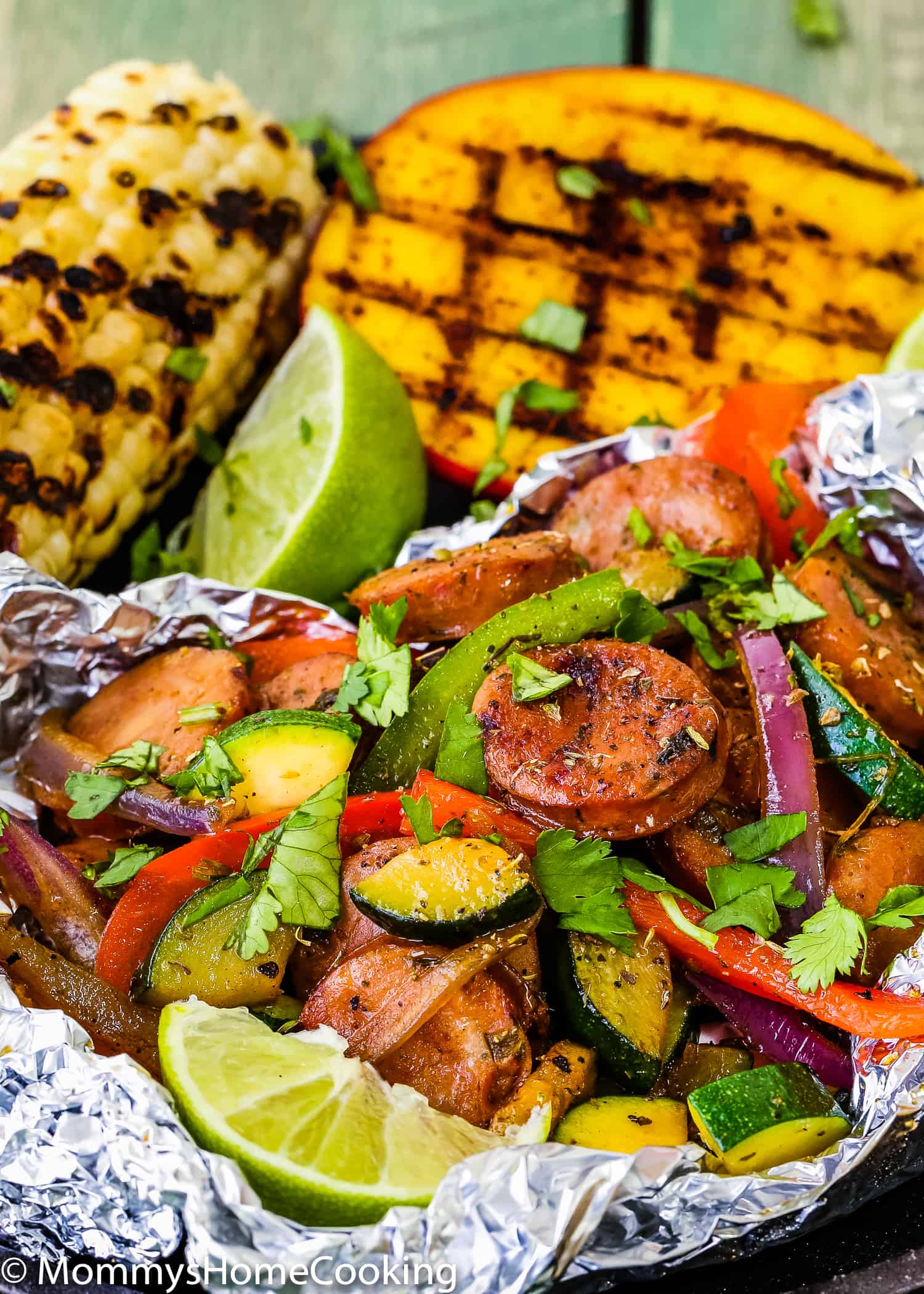 Easy Sausage and Veggies Foil Packets with Grilled Chipotle Mangoes.