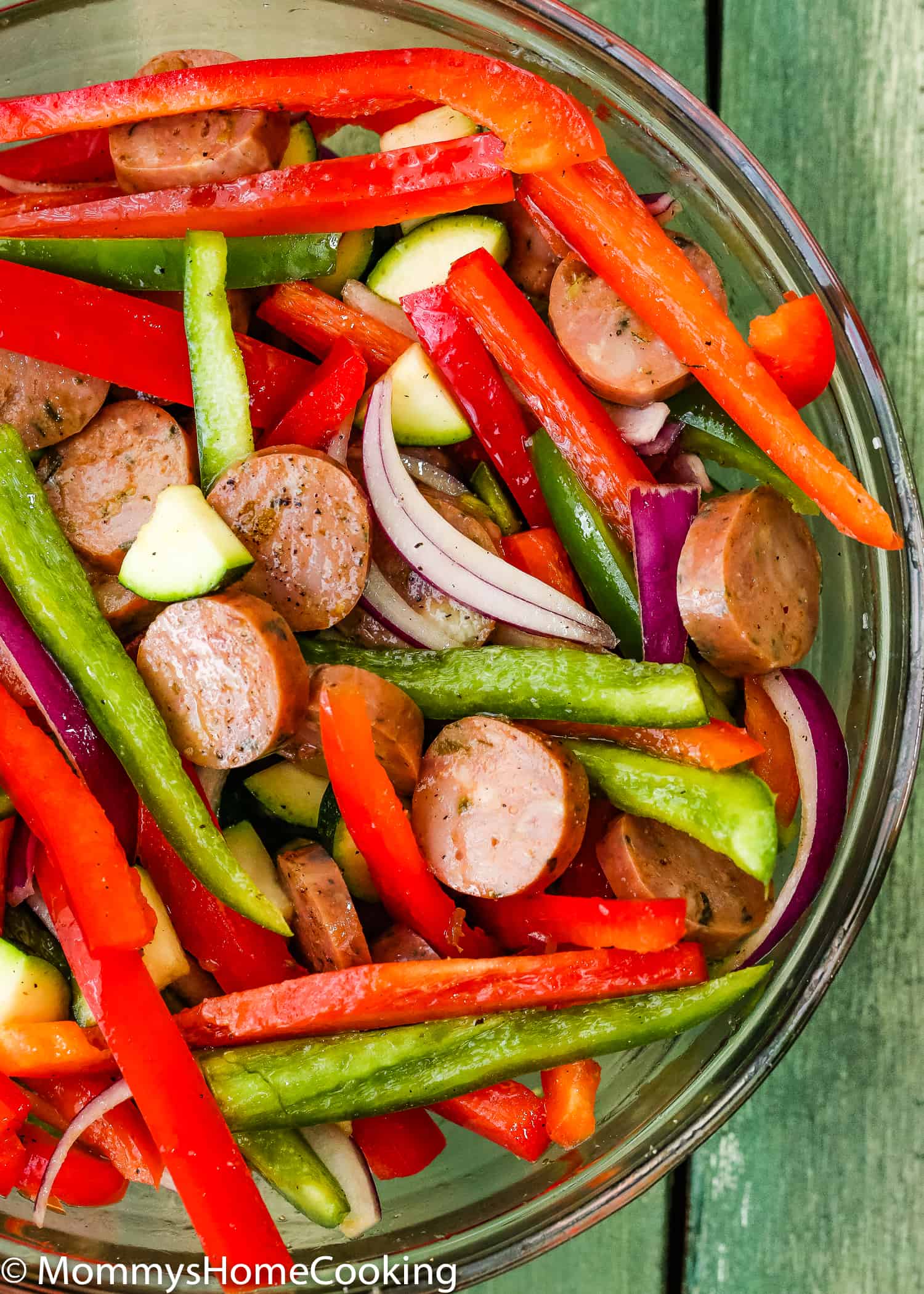 sliced sausages and veggies in a bowl