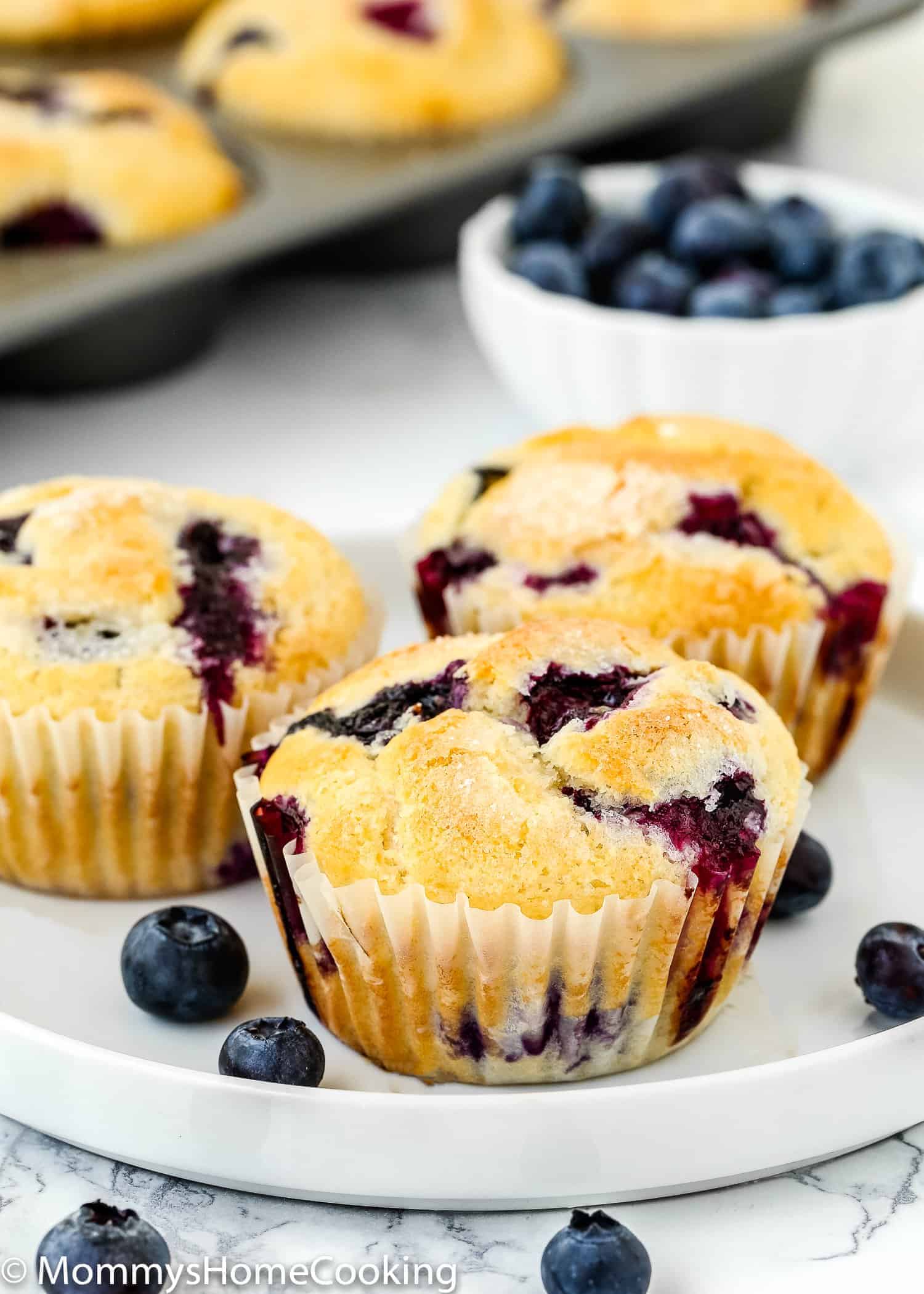 Eggless Blueberry Muffins  on a white plate with fresh blueberries.
