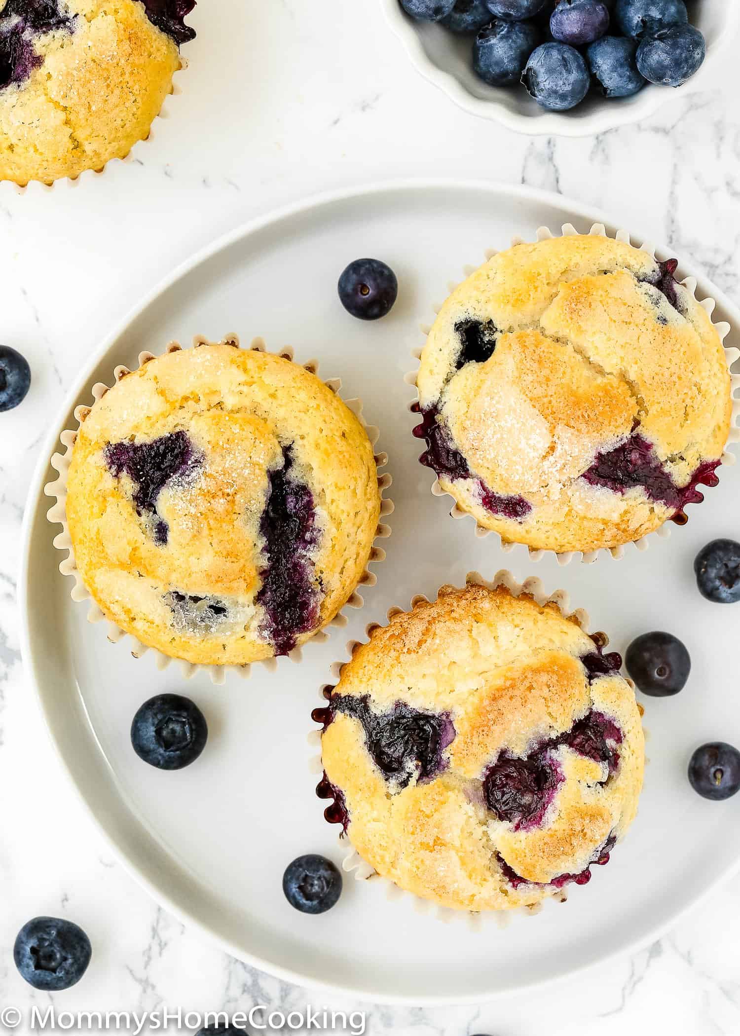 overhead view if Eggless Blueberry Muffins on a plate.