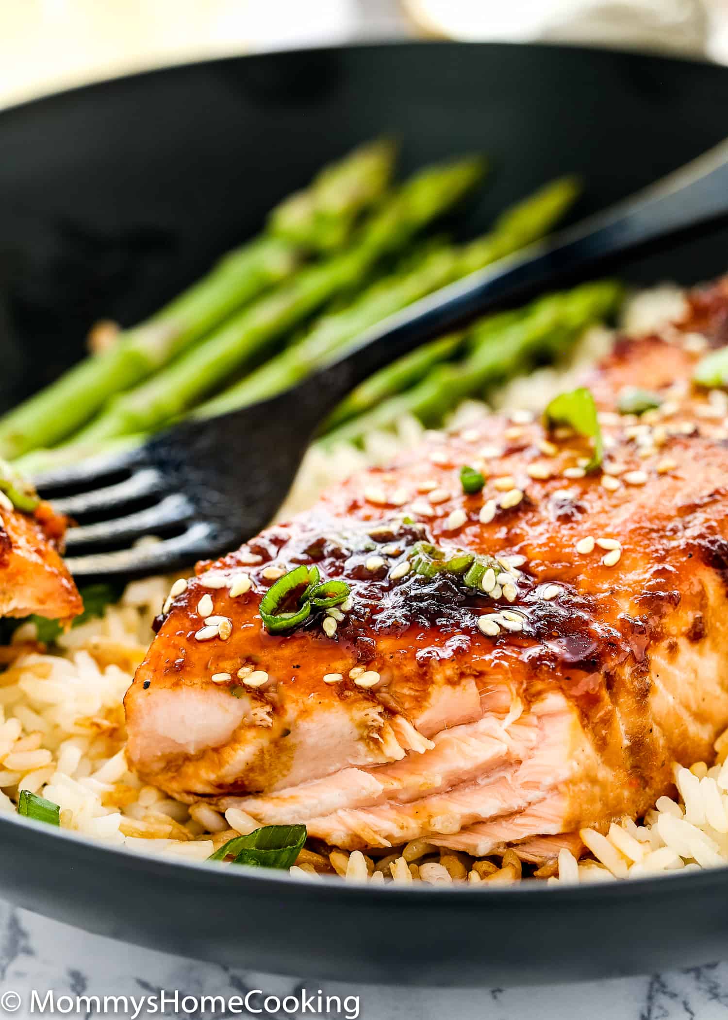 Teriyaki Salmon close up with a fork in the side