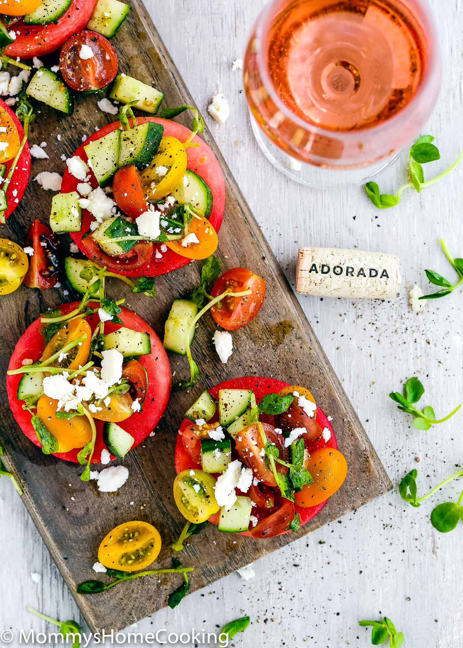 This Low-Carb Watermelon Bruschetta is sweet, savory, fruity, salty, zesty and totally delicious! All you need are a few ingredients and 15 minutes, or less, of chopping. Perfect idea for a super fun Girls Night In, for potlucks, or brunch, lunch, or dinners. Pair it with a glass of rosé for an unforgettable bite. https://mommyshomeccoking.com