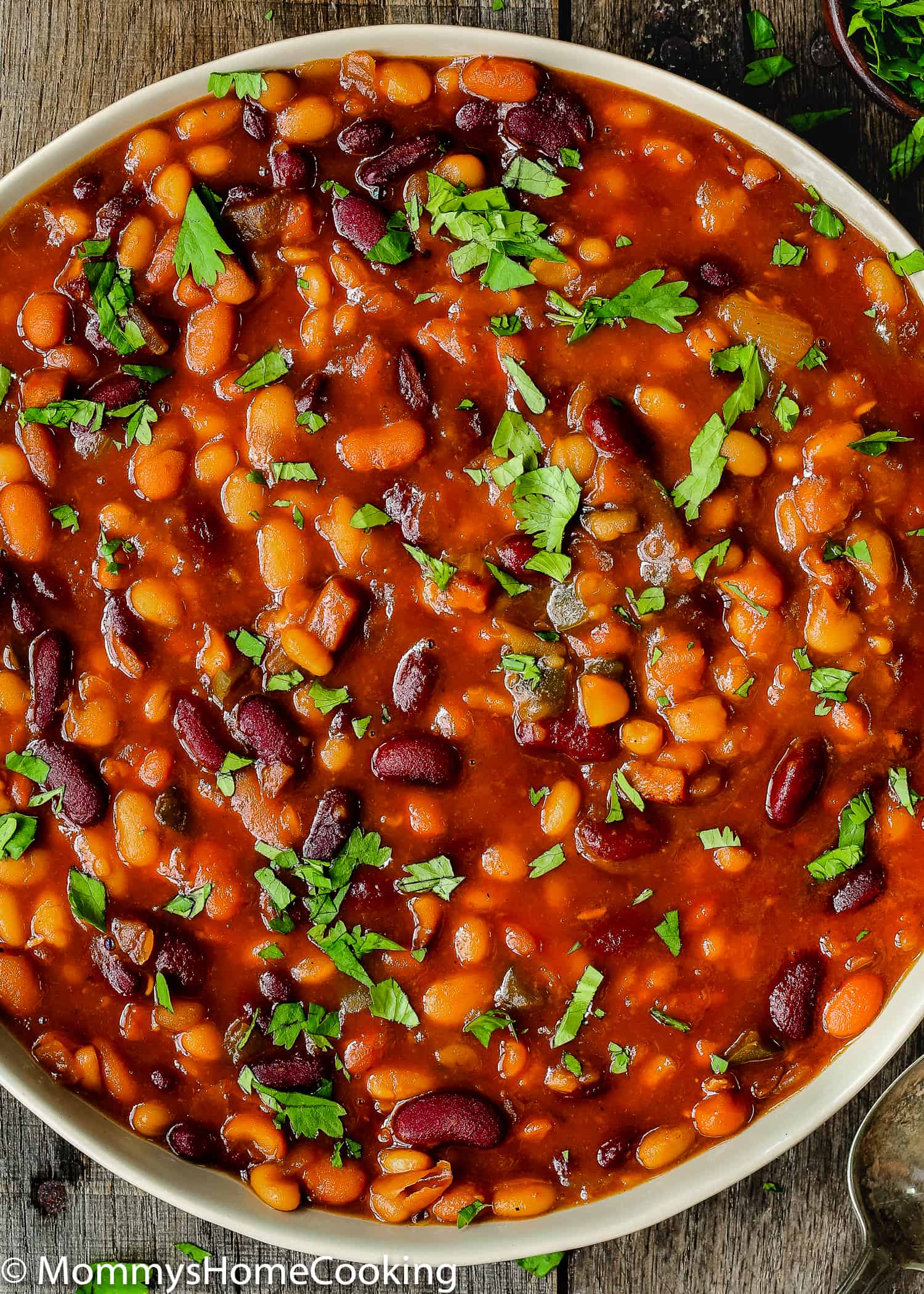 Instant Pot Baked Beans in a bowl with a serving spoon on the side.