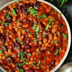 Instant Pot Baked Beans in a bowl with a serving spoon on the side.
