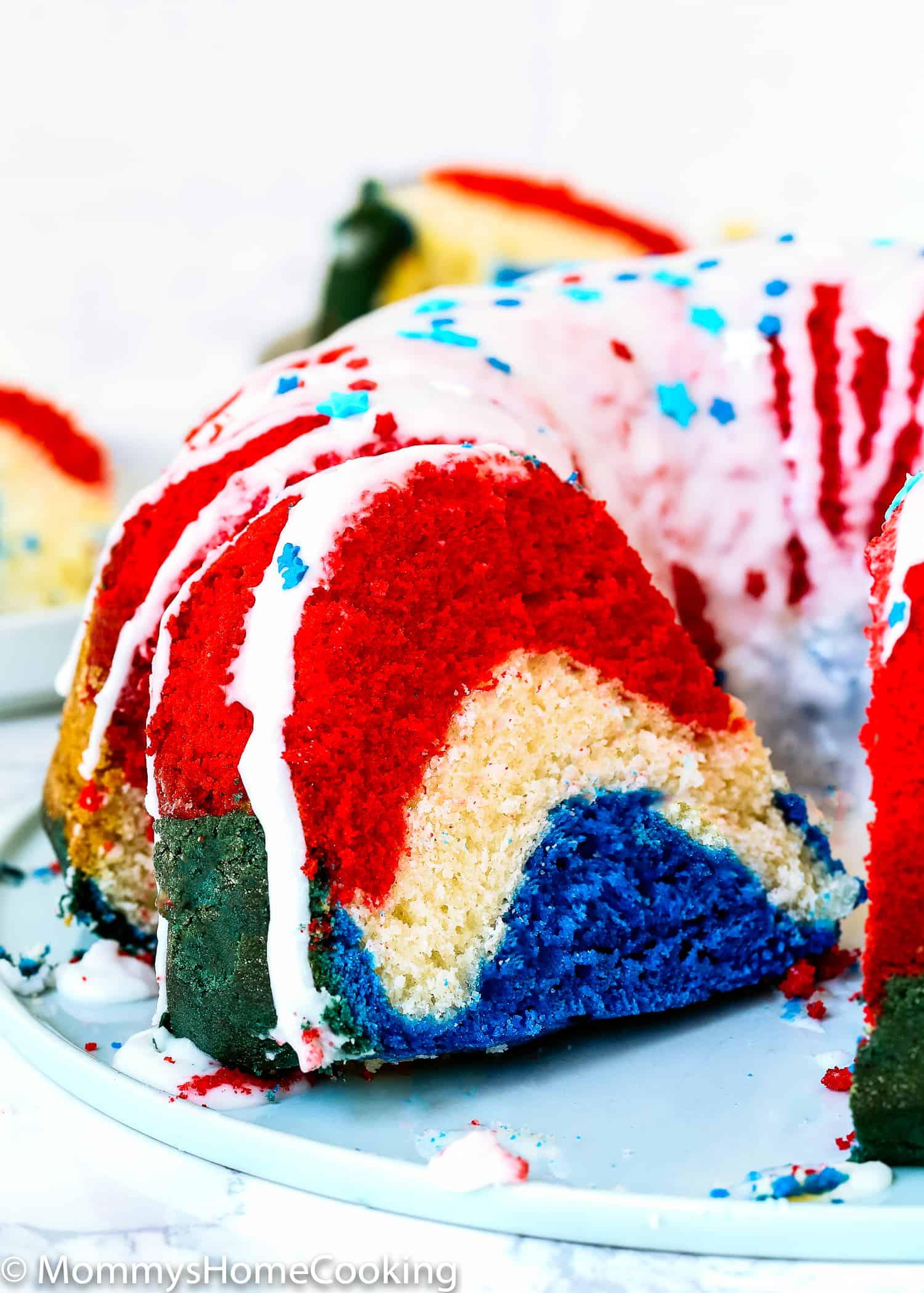 Red, White, and Blue Eggless Bundt Cake slice close up