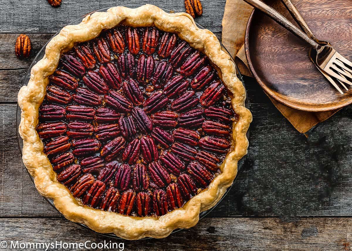 overhead view of a baked Eggless Pecan Pie