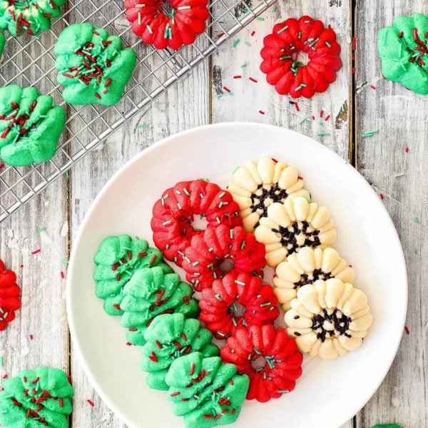 Christmas Eggless Spritz Cookies on a plate.