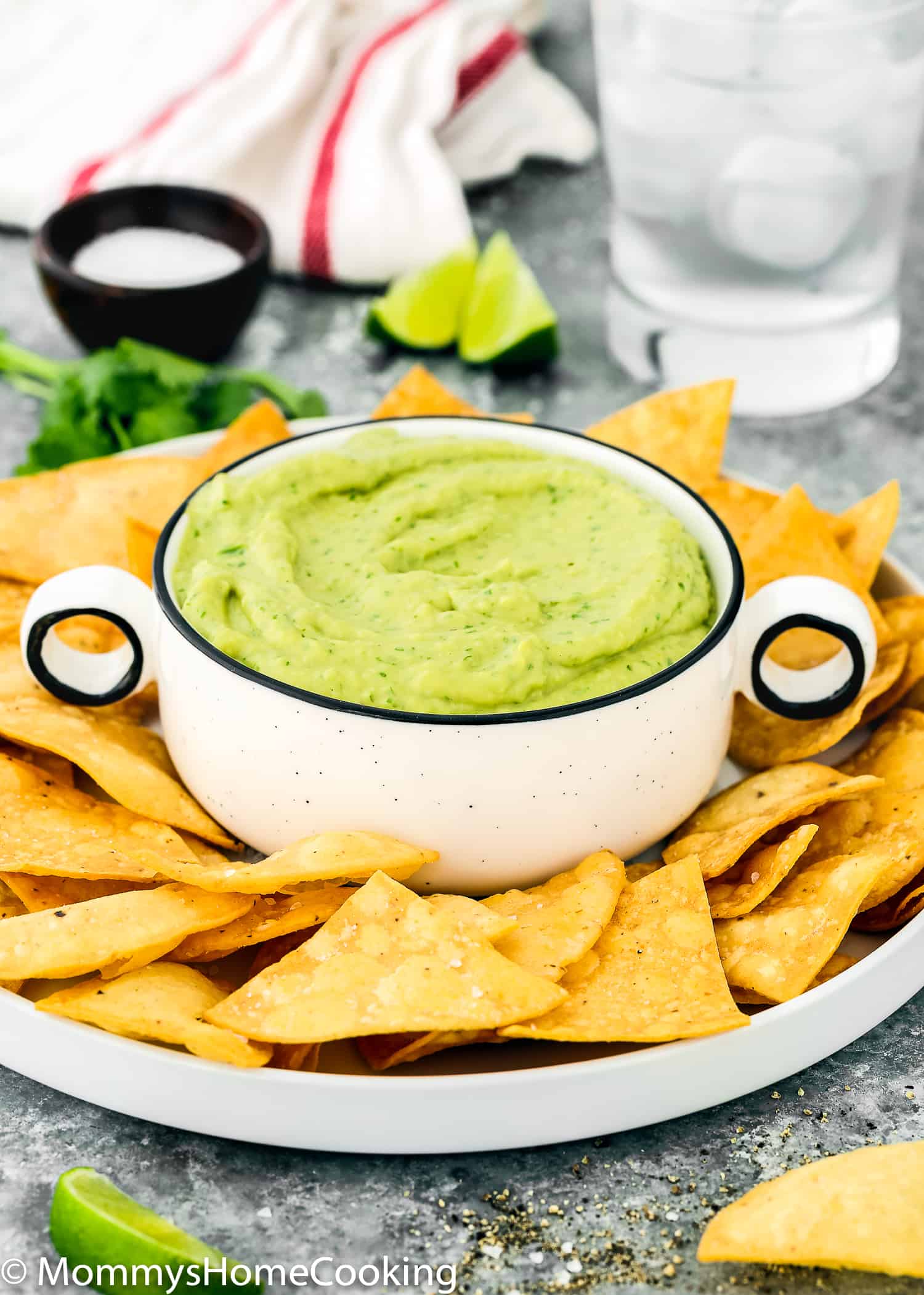 plate with tortilla chips and avocado sauce.