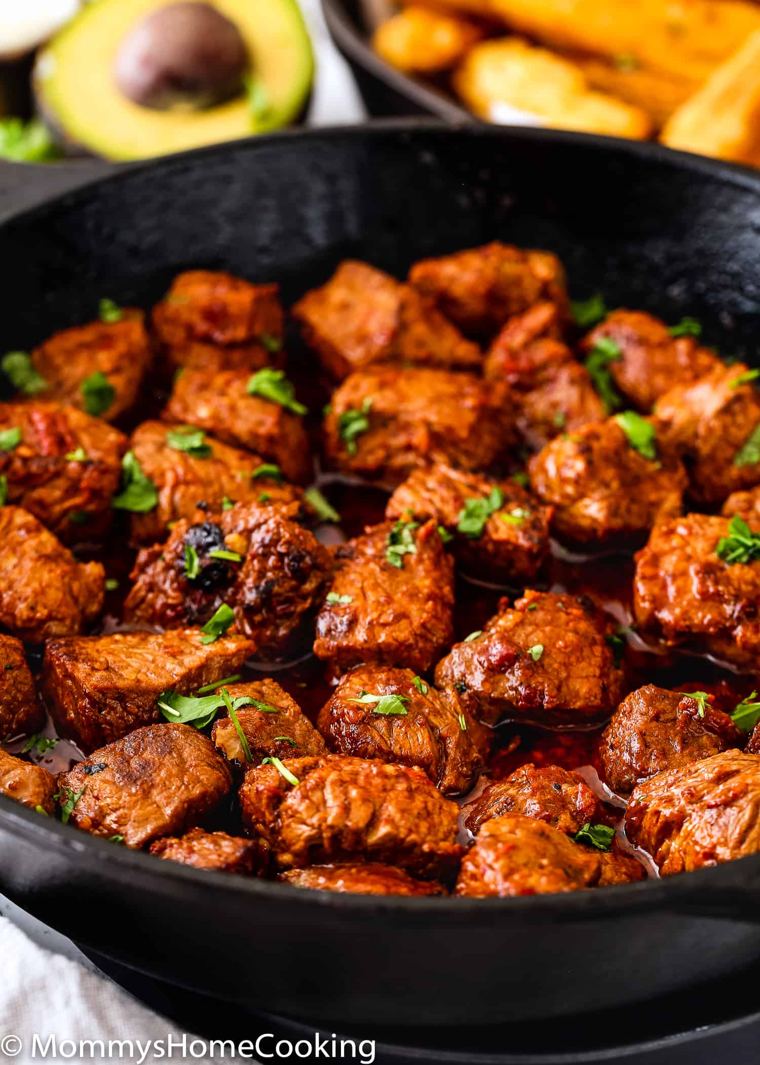 Easy Spicy Chipotle Steak Bites in a cast iron skillet.