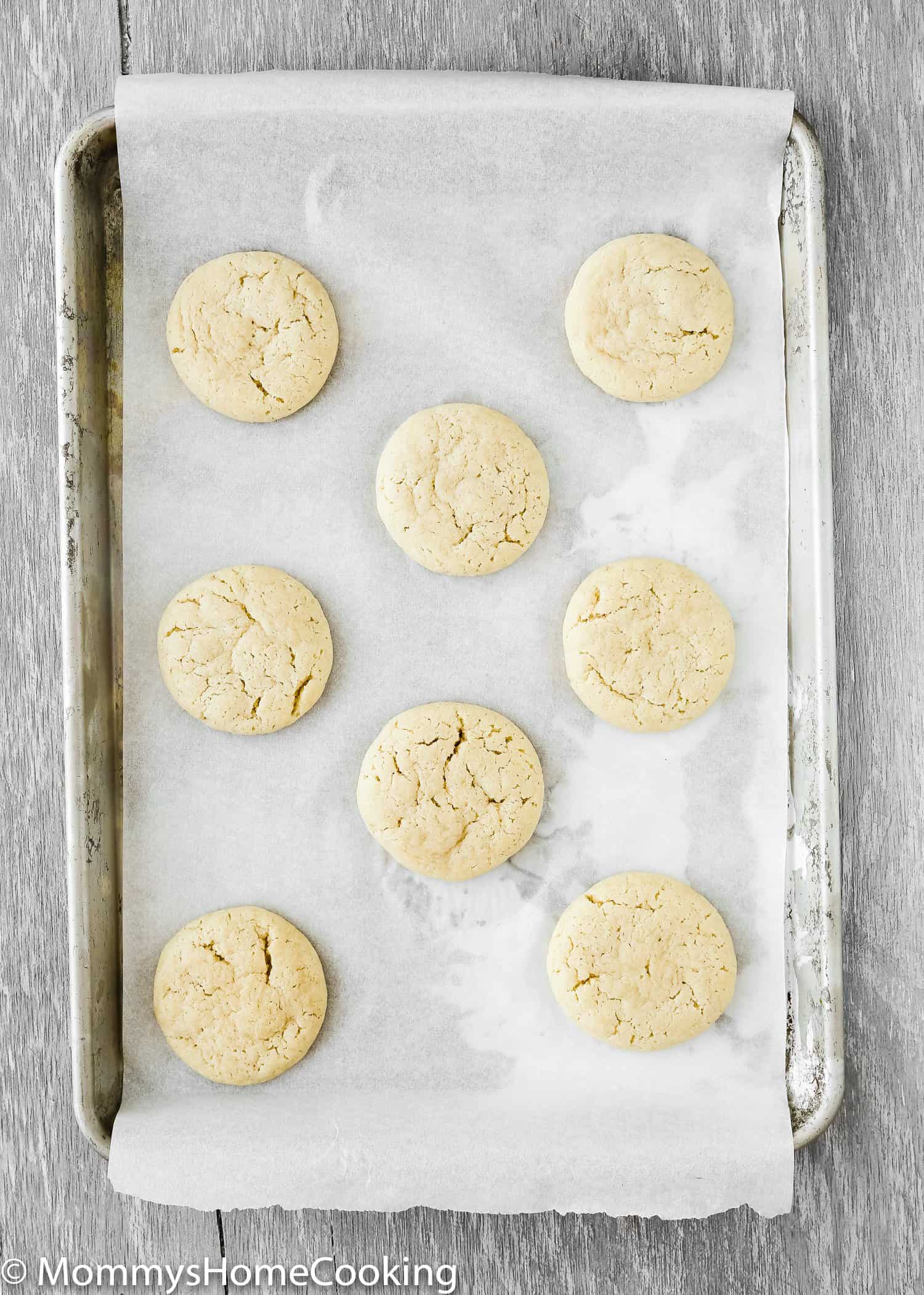 Baked eggless sugar cookie in a baking sheet
