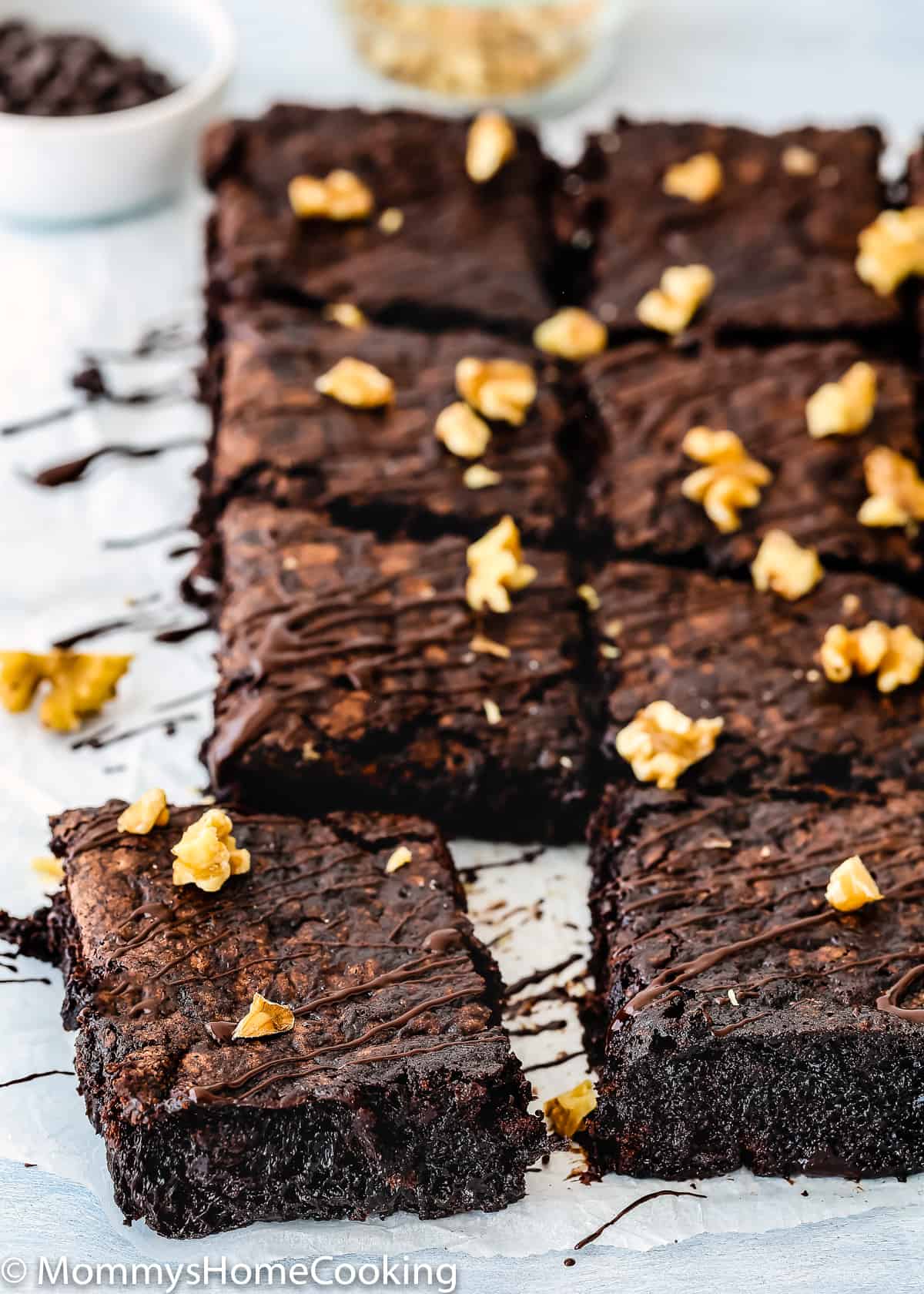 Eggless Fudgy Zucchini Brownies cut into squares.