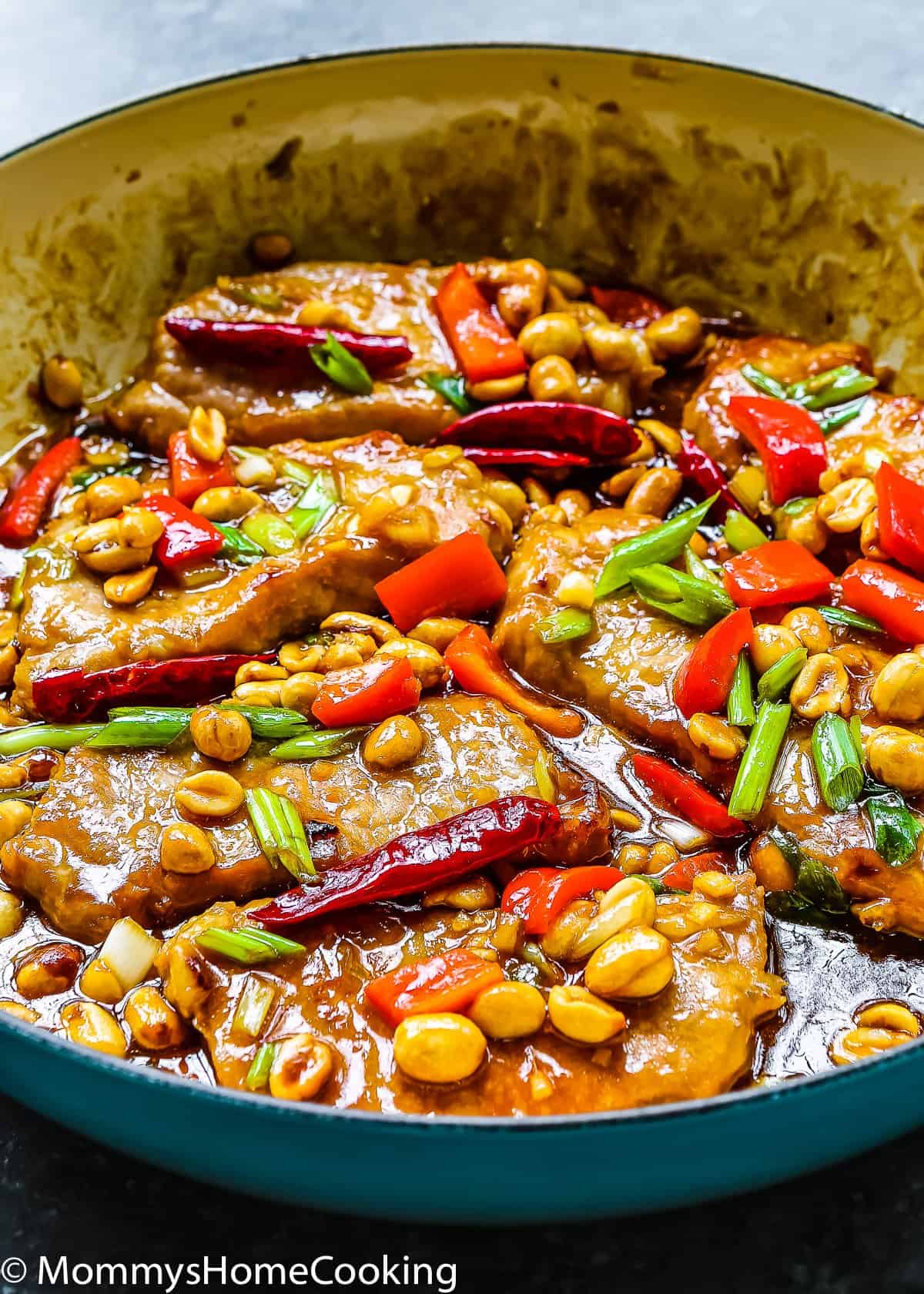 Kung Pao Pork Chops in a skillet