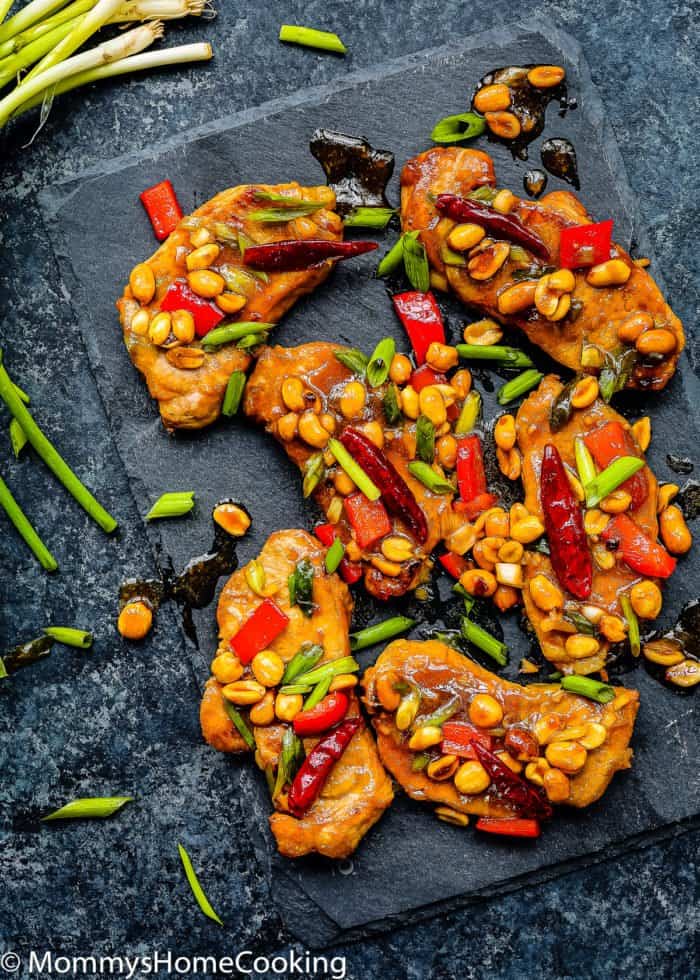 Kung Pao Pork Chops over a black surface.