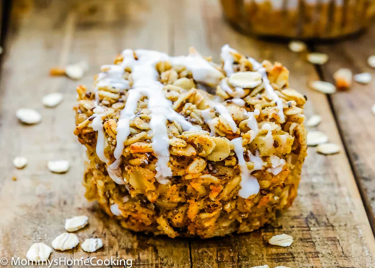 closeup view of a Eggless Baked Apple Oatmeal Muffin