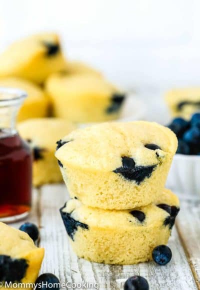 Eggless Blueberry Pancake Muffins over a wooden table